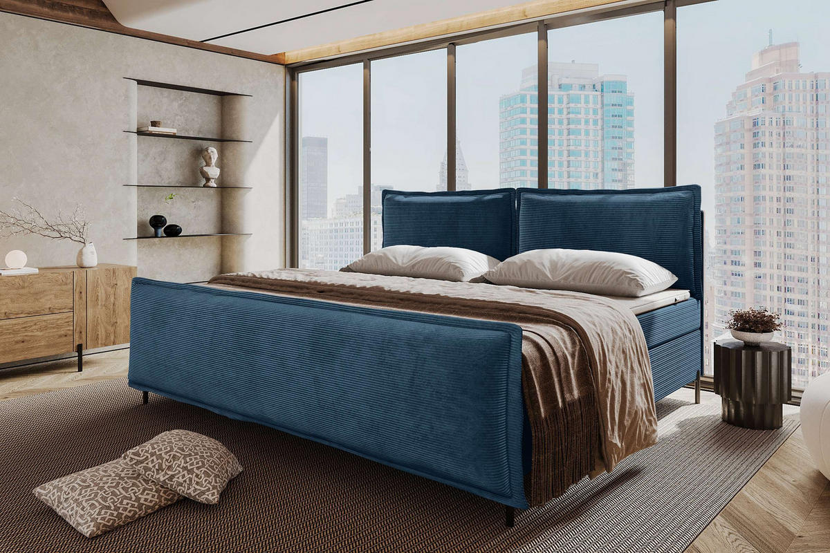 FAMILIENBETT BOXSPRINGBETT VERO PLUS Cordstoff Blau 240/200 cm - Blau/Schwarz, Holzwerkstoff/Textil (240/200cm) - 99rooms