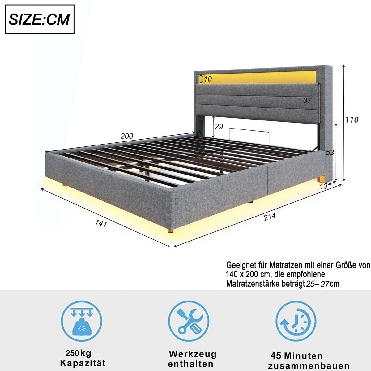 POLSTERBETT mit hydraulischem Stauraum und LED 140x200 cm Leinen Grau - Grau, Metall (140/200cm) - Beauniv