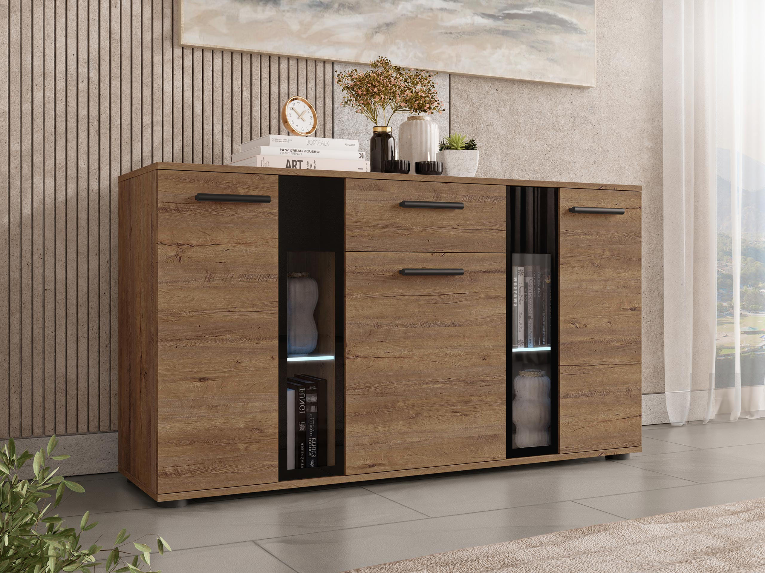 KOMMODE Salsa mit blauer LED Beleuchtung - Eichefarben/Schwarz, Holzwerkstoff (141/80/41cm) - MIRJAN24