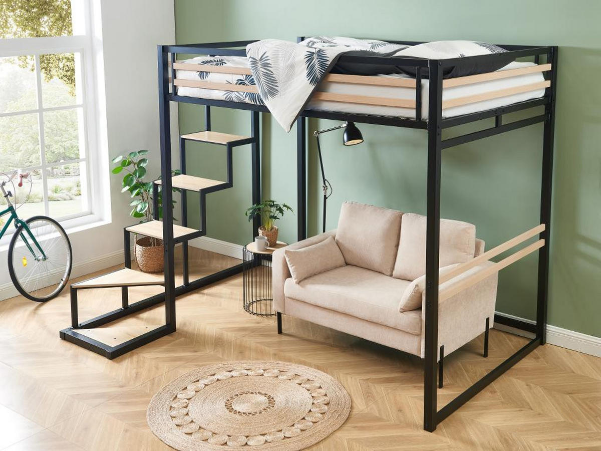 HOCHBETT mit Matratze - 140 x 200 cm - Metall & MDF - Naturfarben & Schwarz - JOGUI - Schwarz/Naturfarben, Metall - Vente-Unique