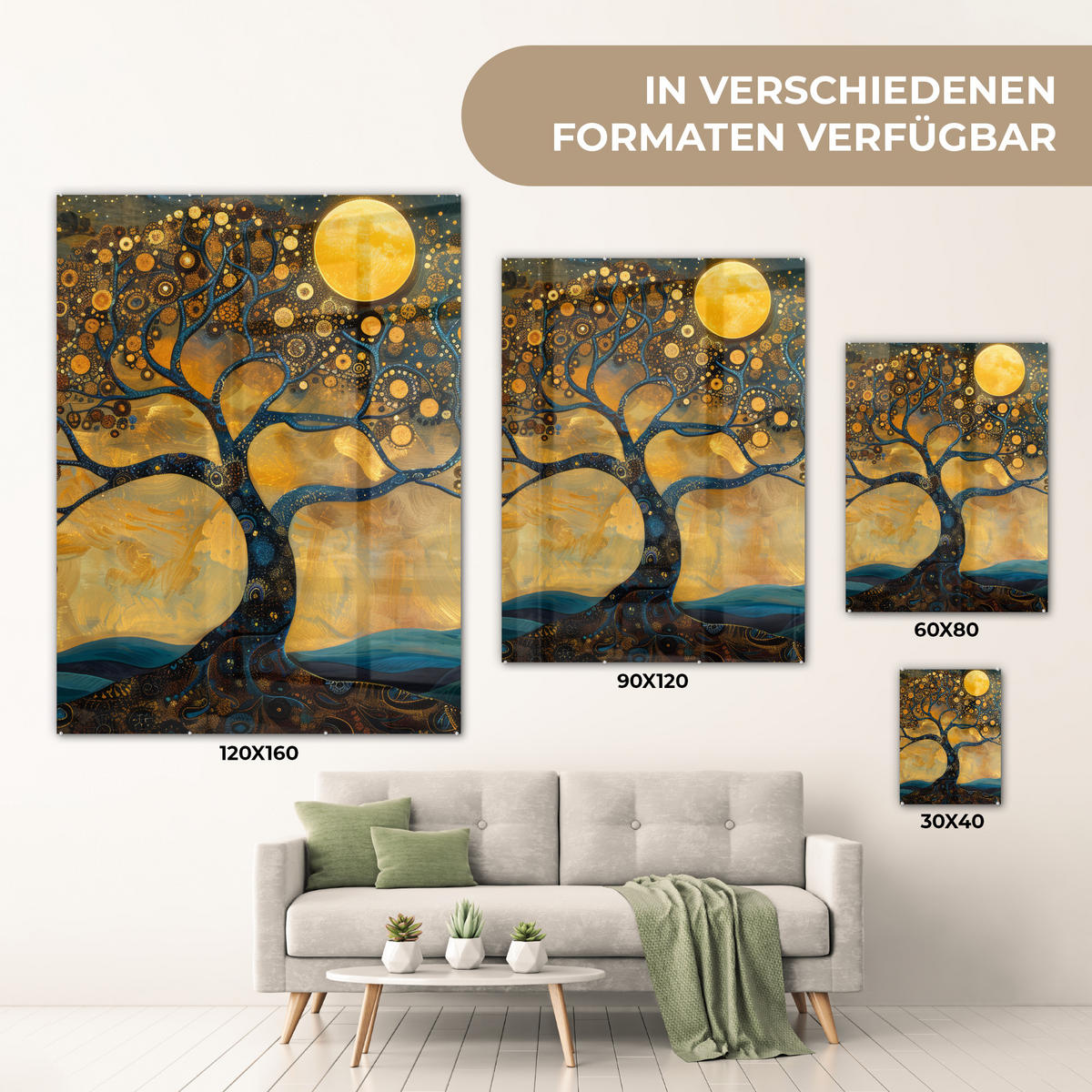 ACRYLGLASBILD Baum - Mond - Blumen - Gold - Kunst 60x80 cm - Orange, Glas (60/80cm) - MuchoWow