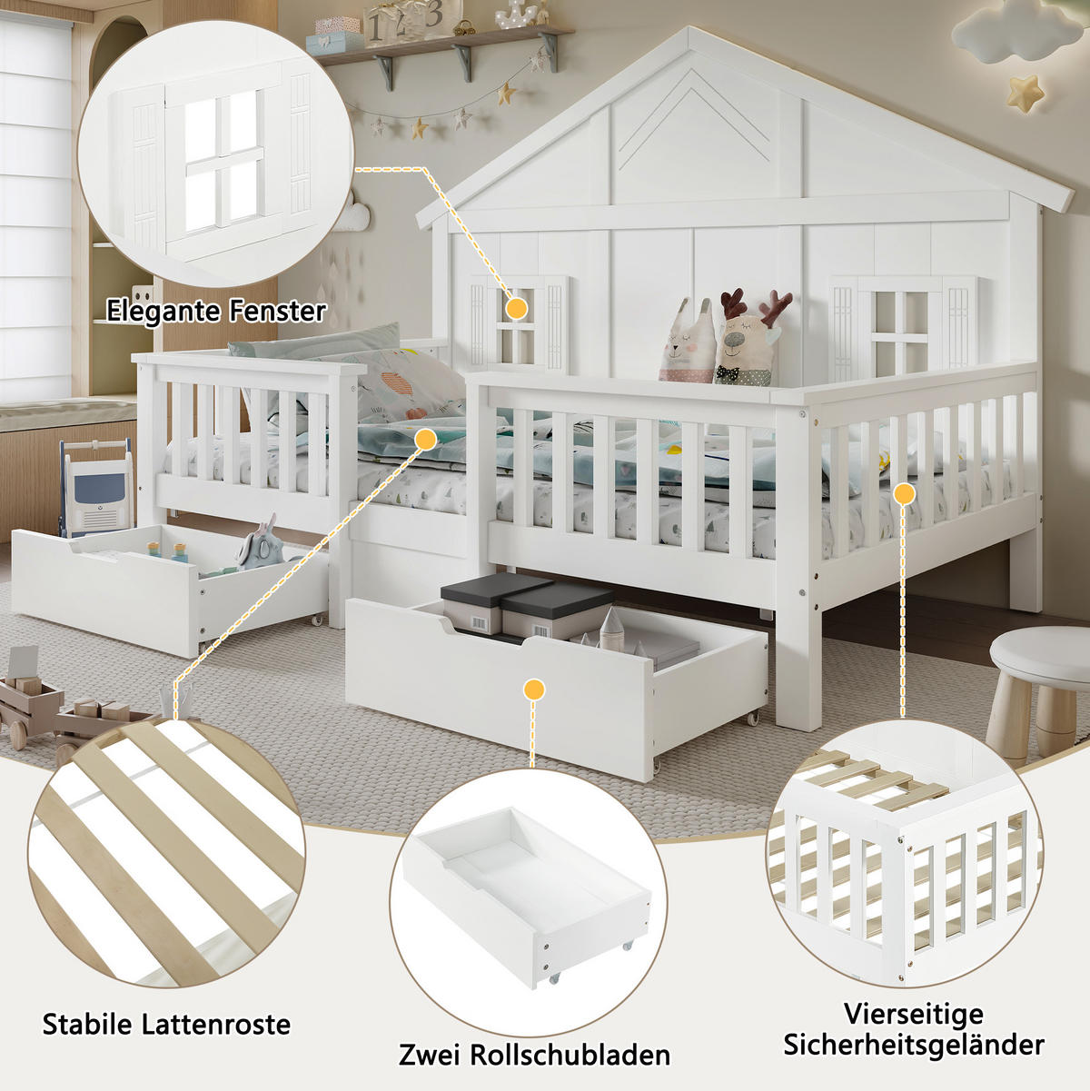 KINDERBETT 90/200 cm Weiß aus Kiefer und MDF mit Dach, Fenstern und 2 Schubladen - Weiß, Holz (90/200cm) - OKWISH