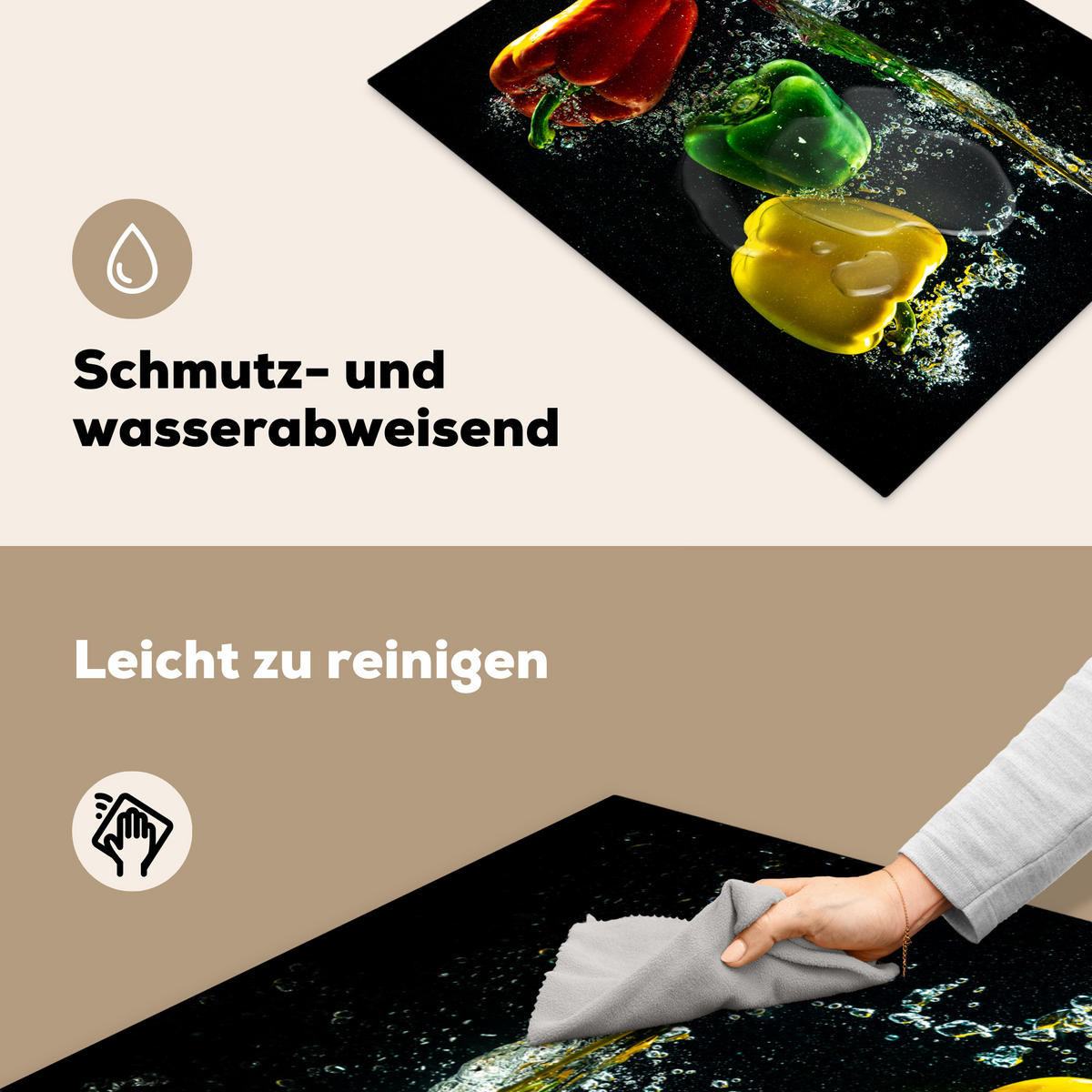HERDABDECKPLATTE Paprika - Gemüse - Wasser - Schwarz - Rot - Grün - Gelb Herdabdeckung Induktionsfeld 70x52 cm - Multicolor, Kunststoff (70/52/0.2cm) - MuchoWow
