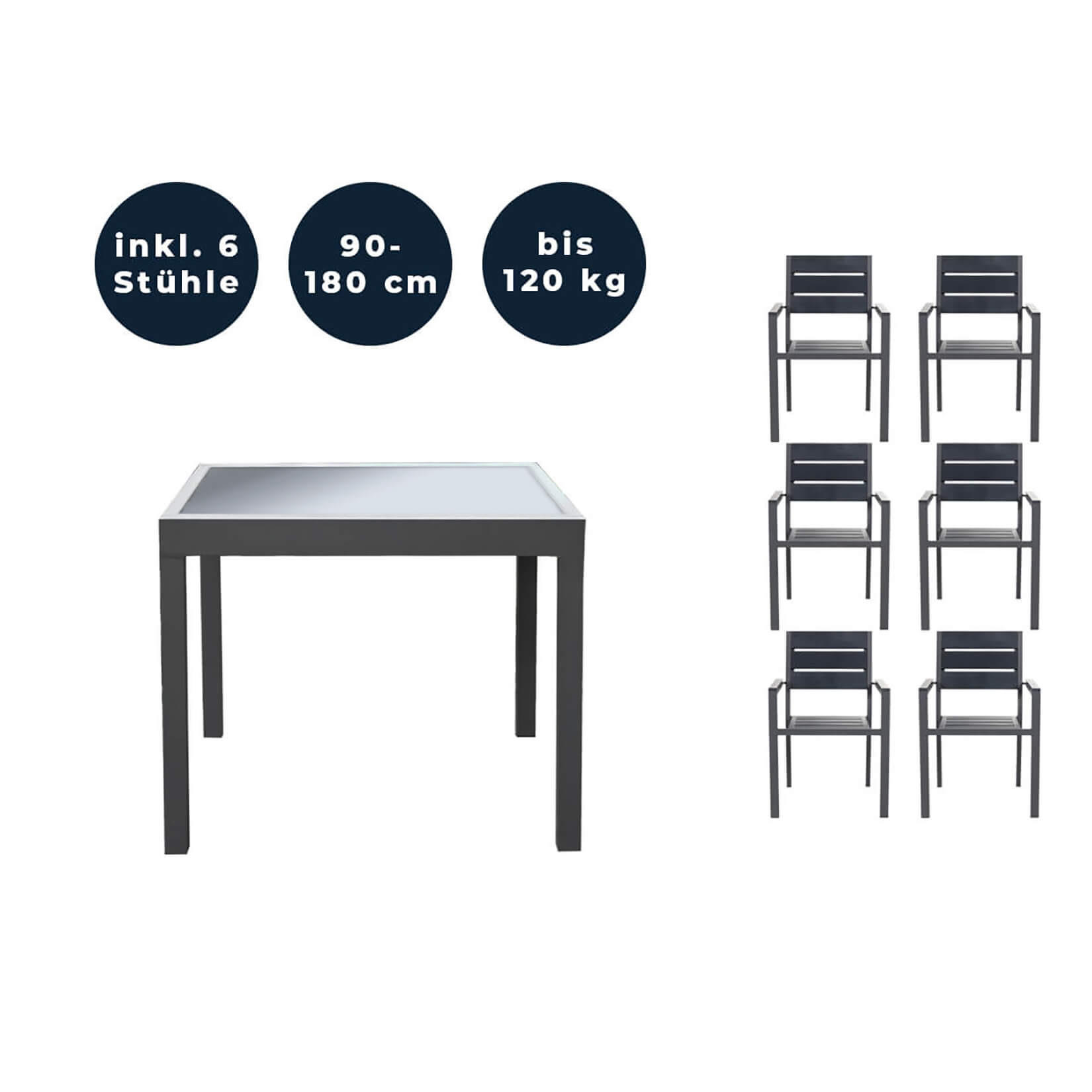 SITZGRUPPE VERANO MADERA - 7 tlg. - Anthrazit/Hellgrau, Glas/Metall - Home Deluxe