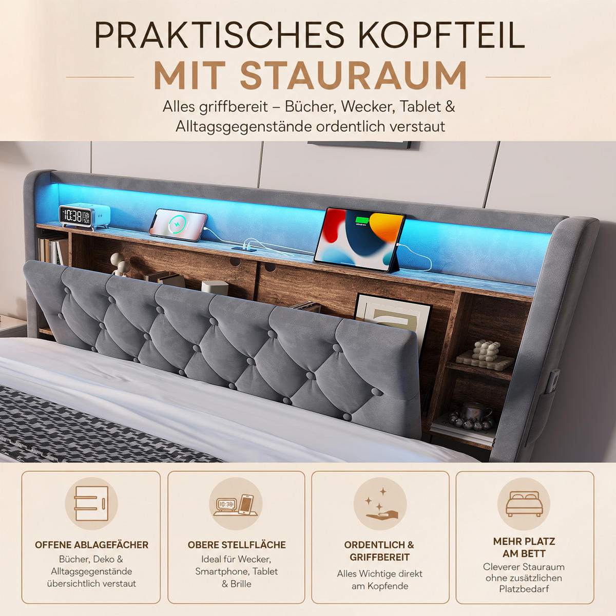 BOXBETT 180/200 mit LED/USB, Kopfteil-Regal & Hydraulik, Samt, Dunkelgrau - Dunkelgrau, Holz (180/200cm) - LVHOM