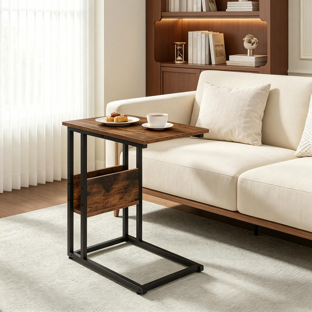 BEISTELLTISCH DE-37211 C-Form mit Seitenregal Rustikales Braun - Braun, Metall (36/55/59.5cm) - ComfortXL