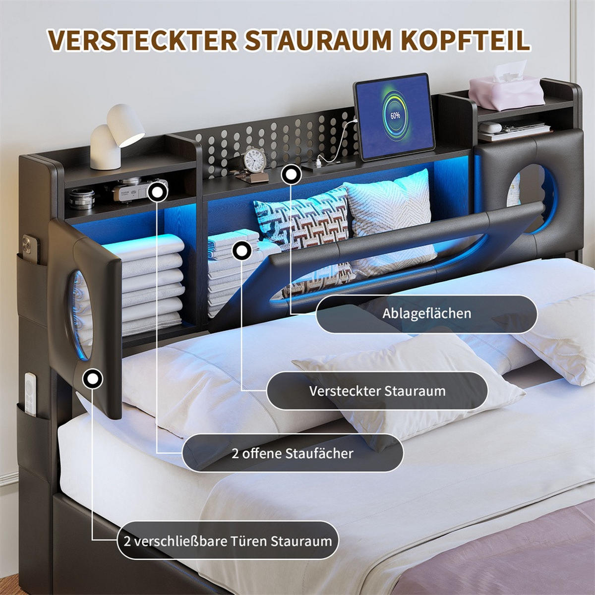 POLSTERBETT 160x200cm mit Hydraulischem Stauraum - LED-Beleuchtung - integrierter Ladestation - Schwarz - Schwarz, Leder (160/200cm) - DELFA