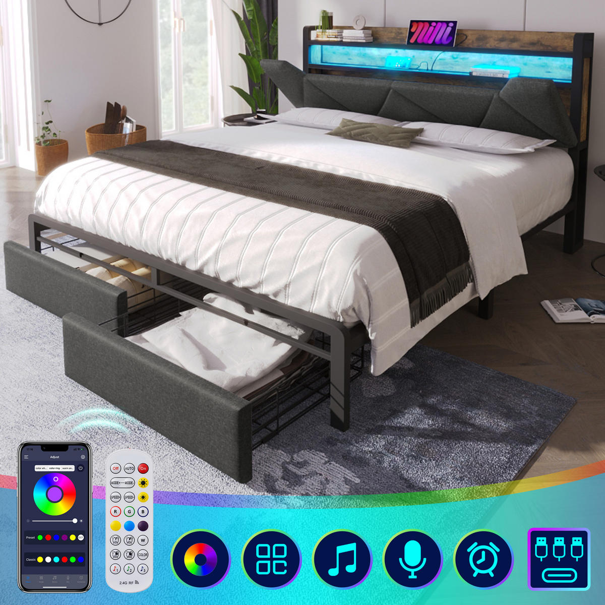 POLSTERBETT 160/200 cm in Grau mit Stauraum-Kopfteil, 2 Schubladen, LED und USB/Type-C Leinen - Schwarz/Grau, Holzwerkstoff/Textil (160/200cm) - STILVORA