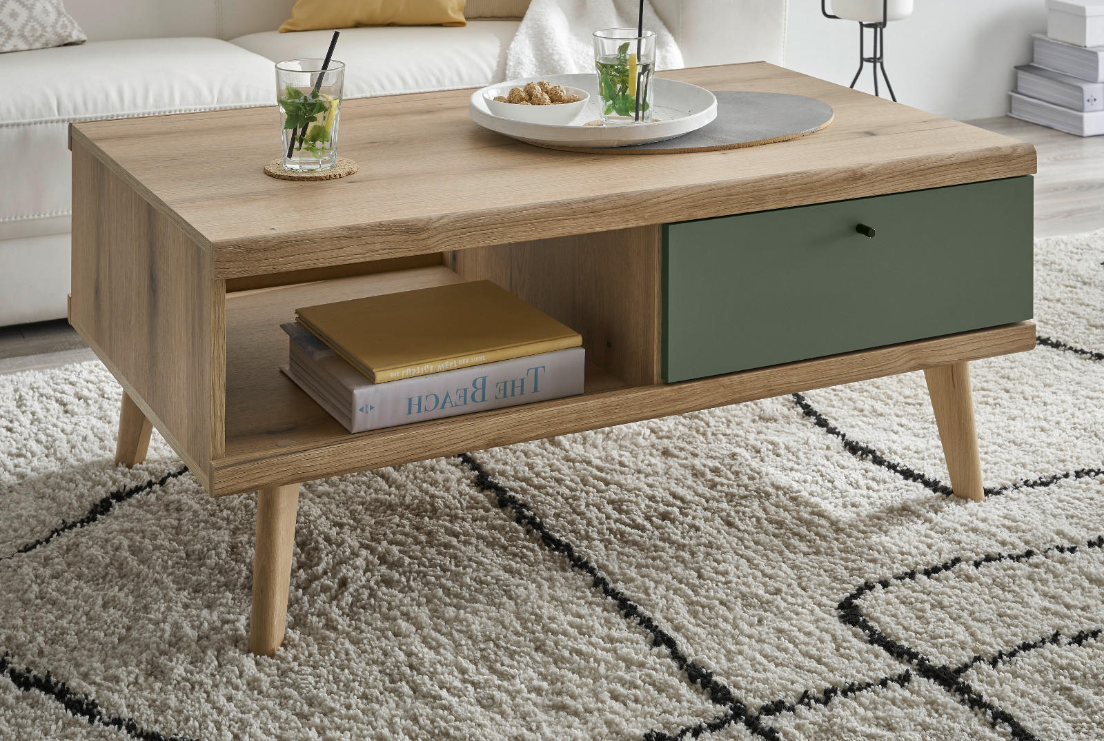 COUCHTISCH Salbei grün, Eiche Evoke, skandinavisch 107 x 67 cm, Wohnzimmertisch mit Stauraum - Eichefarben/Salbeigrün, Holz/Holzwerkstoff (107/67/46cm) - Furn.Design