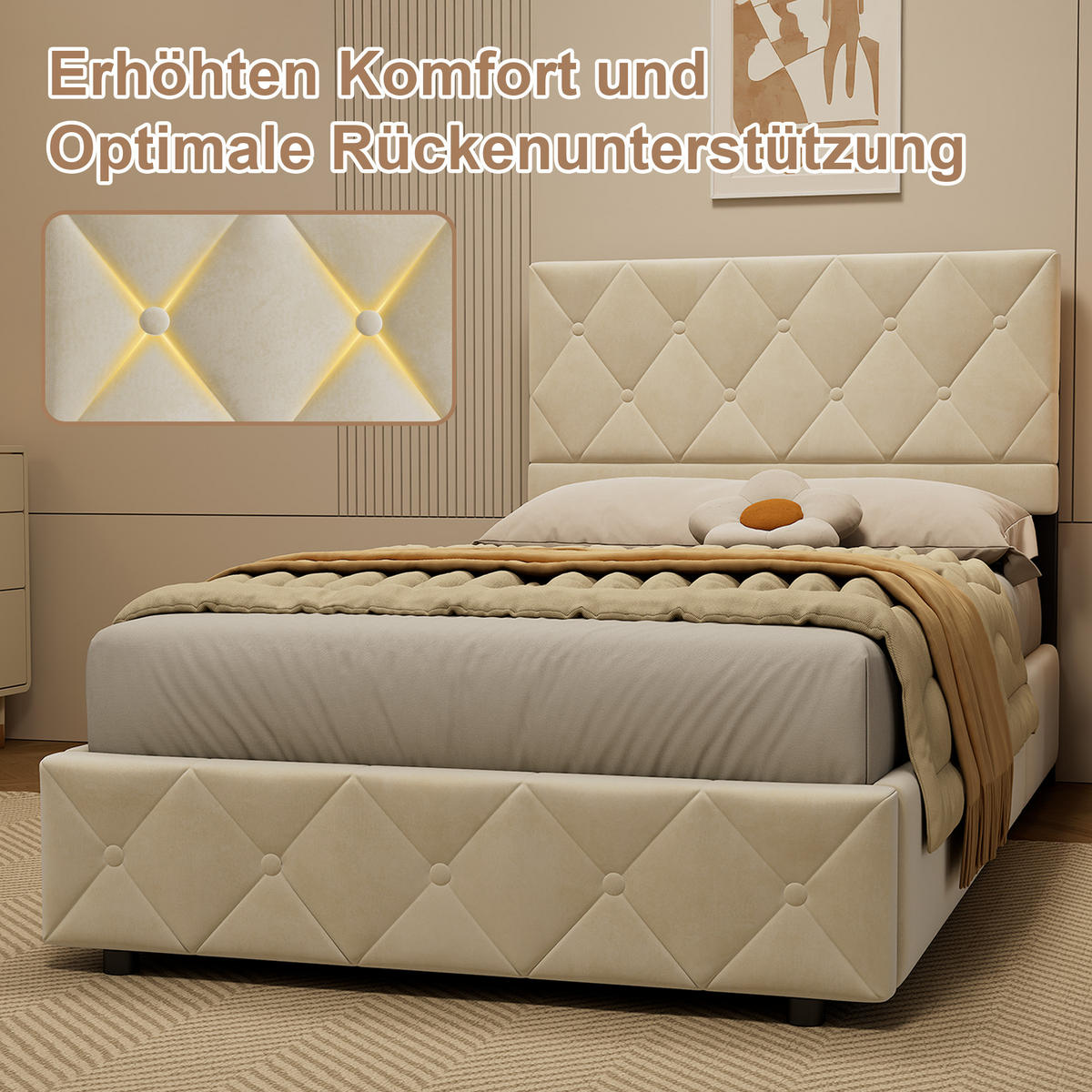 POLSTERBETT 90/200 cm in Beige Samt, mit Matratze und Bettkasten - Beige, Holzwerkstoff/Textil (90/200cm) - WISHDOR