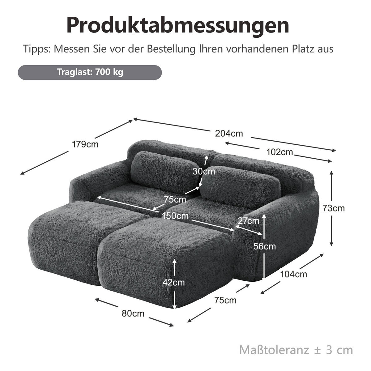 SOFA 204/179/73 cm in Grau aus Plüsch, modular und montagefrei - Grau, Textil (179/73/204cm) - Flora Grace