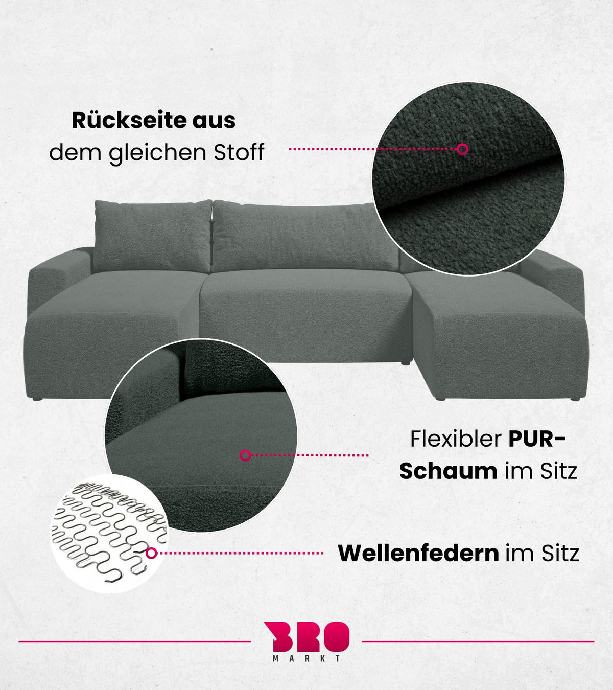 WOHNLANDSCHAFT Plush mit Schlaffunktion Grün Boucle - Grün, Kunststoff/Textil (315/72/145cm) - Bromarkt