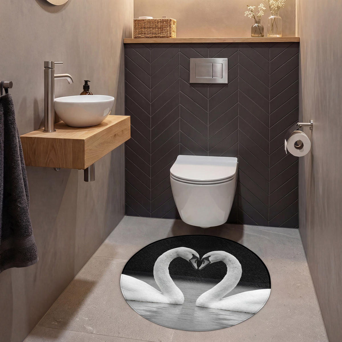 WC PŘEDLOŽKA Labutě - srdce - černá - bílá 70x70 cm - černá, textil/plast (70/1cm) - OnlyWow