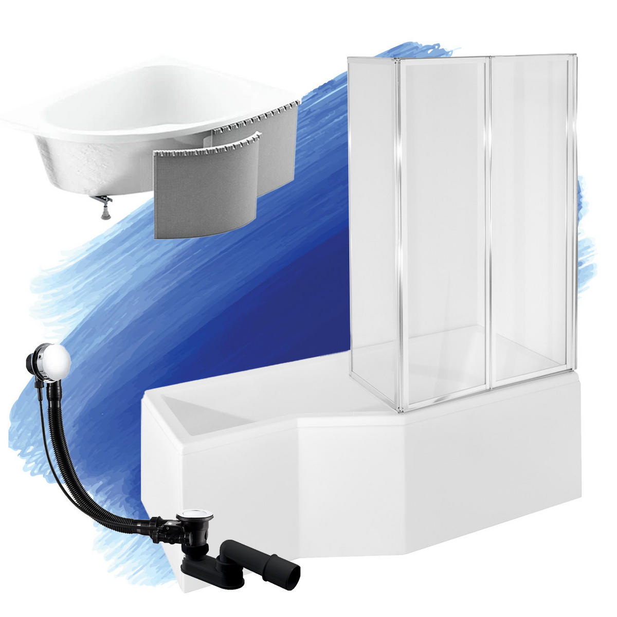BADEWANNE Eckwanne INTEGRA 150/75 Rechts mit Styro und Glasabtrennung 3-teilig Ablauf Füße - Weiß, Kunststoff (75/55.5/150cm) - bad land