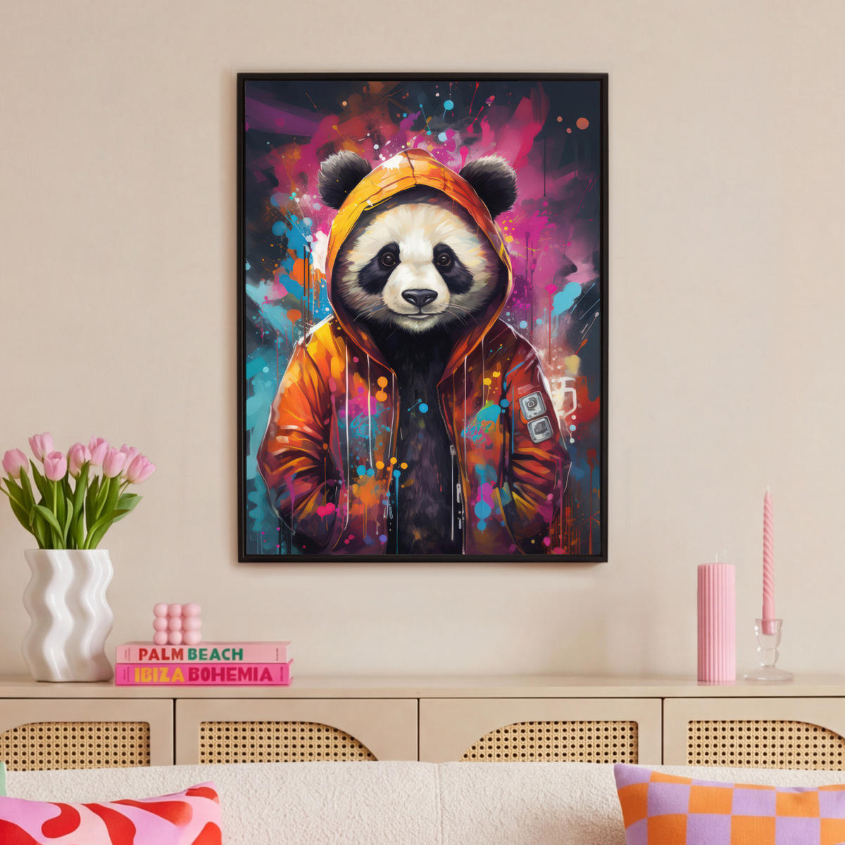 LEINWAND Bilder mit Rahmen - Panda - Jacke - Graffiti - Orange - 70x100 - Orange, Textil (70/100cm) - MuchoWow