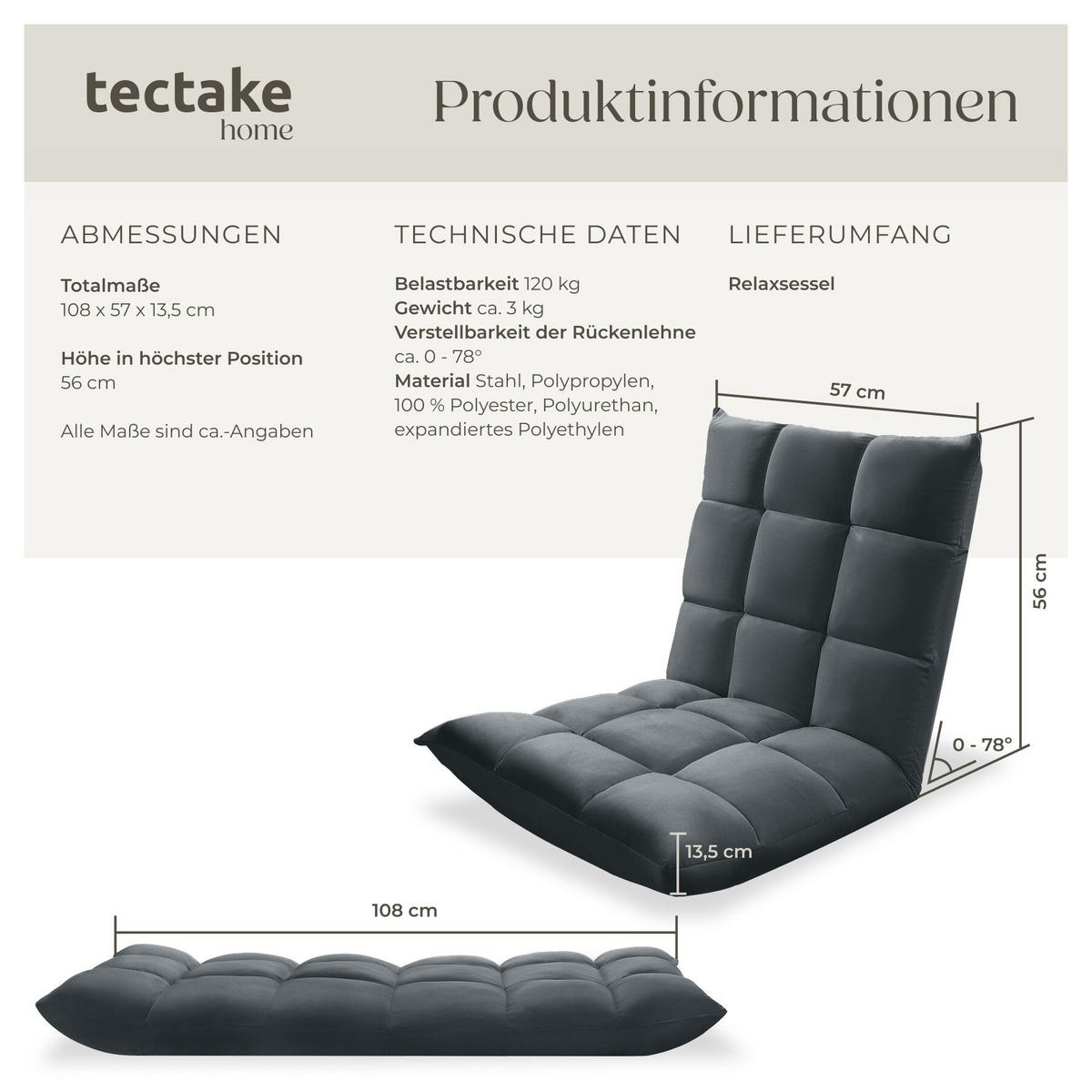 RELAXSESSEL Snooze ,108 x 57 x 13,5 cm,grau - Grau, Textil (57/13.5/108cm) - tectake