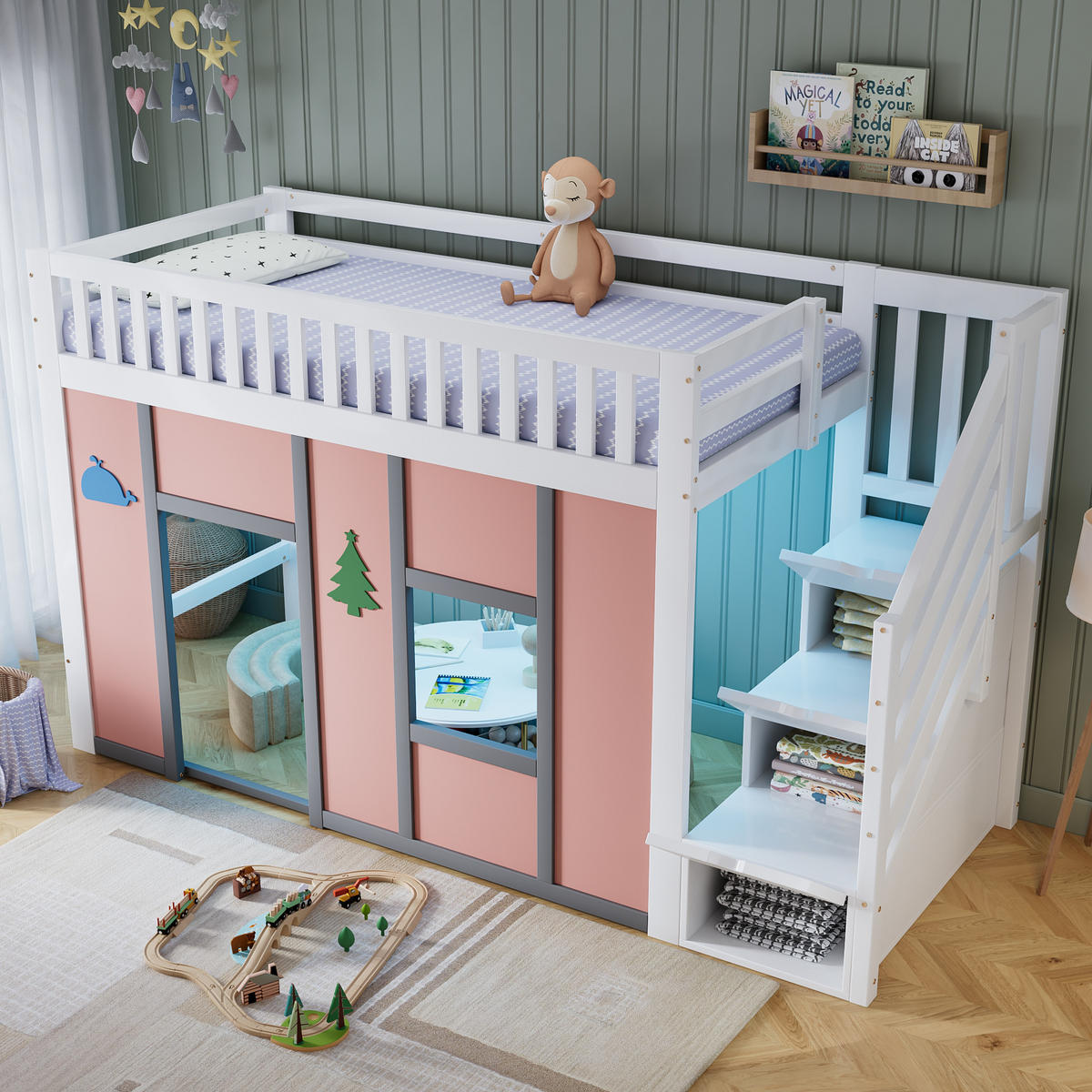 HOCHBETT 90/200 cm DE-32743 mit Stauraumtreppe und LED Weiß/Pink - Pink, Holzwerkstoff (90/200cm) - ComfortXL