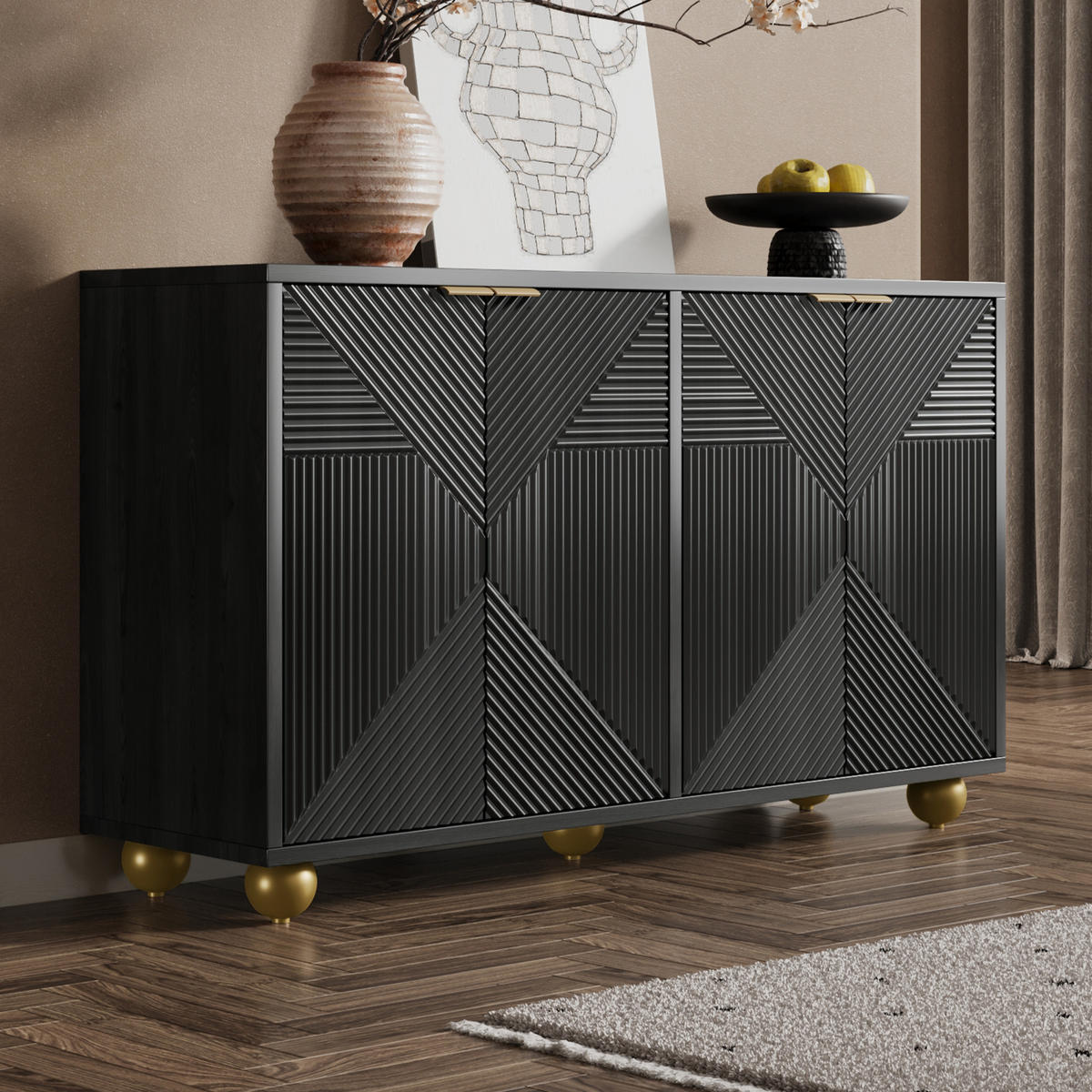 SIDEBOARD 120 cm in Schwarz mit 3D-Relief-Fronten & 4 Türen - Schwarz, Holzwerkstoff/Metall (120/71.5/35cm) - Urban Meuble