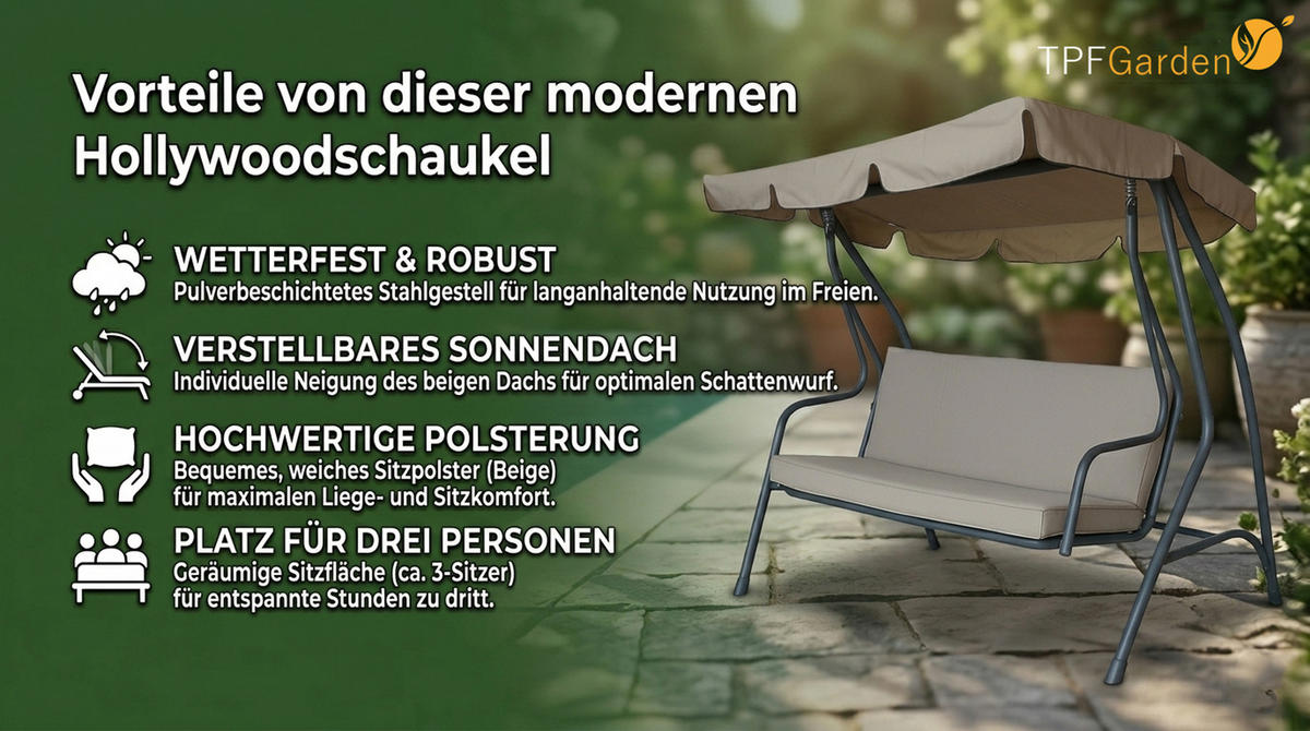 HOLLYWOODSCHAUKEL Florenz, 3-Sitzer, 170 cm, Farbe: creme / grau - Braun, Metall (170/153/110cm) - TPFGarden
