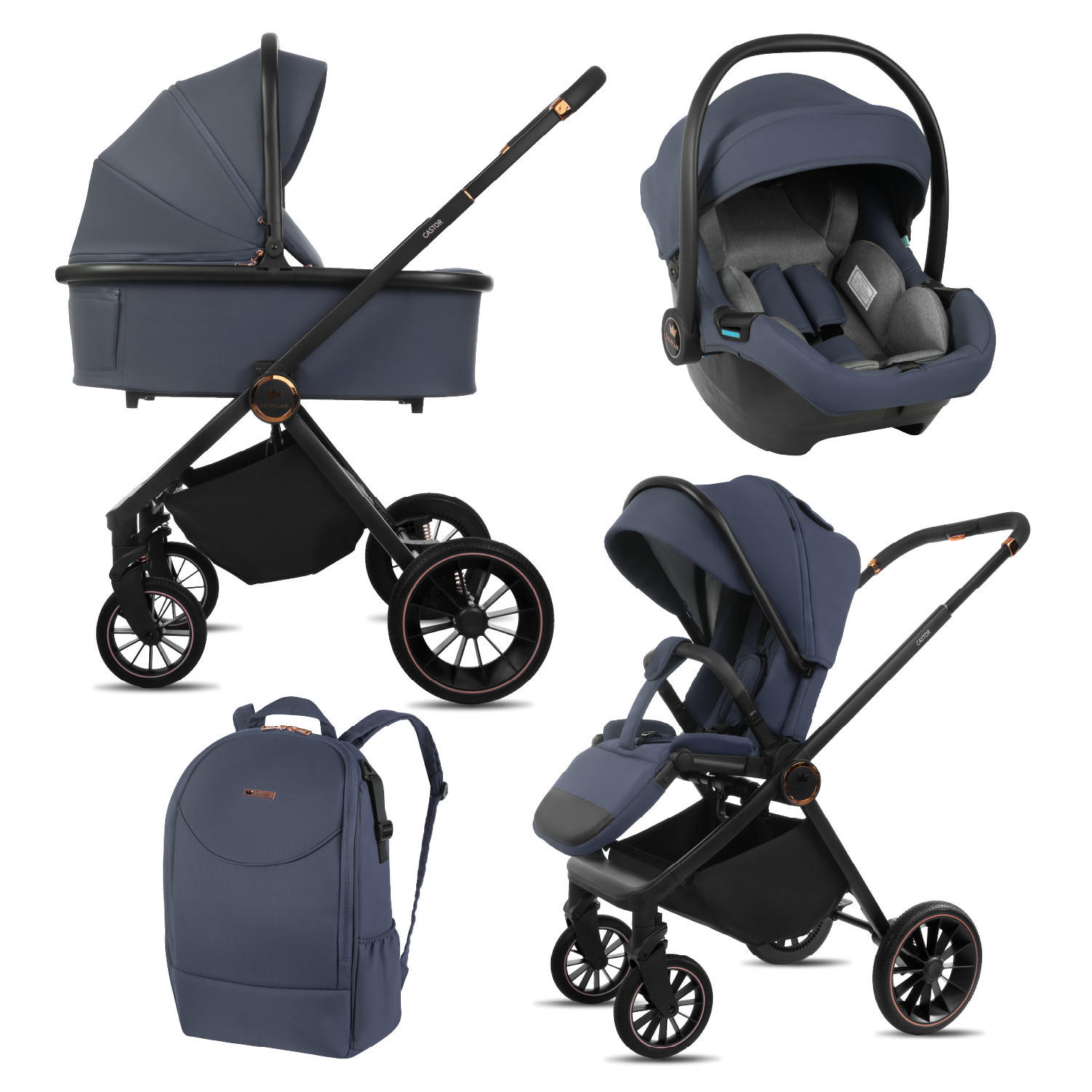 KINDERWAGEN Castor 3in1 Grau Babywanne, Buggy Sportsitz, Babyschale I-Size - Schwarz/Grau, Textil/Metall (58/99cm) - BabyLux