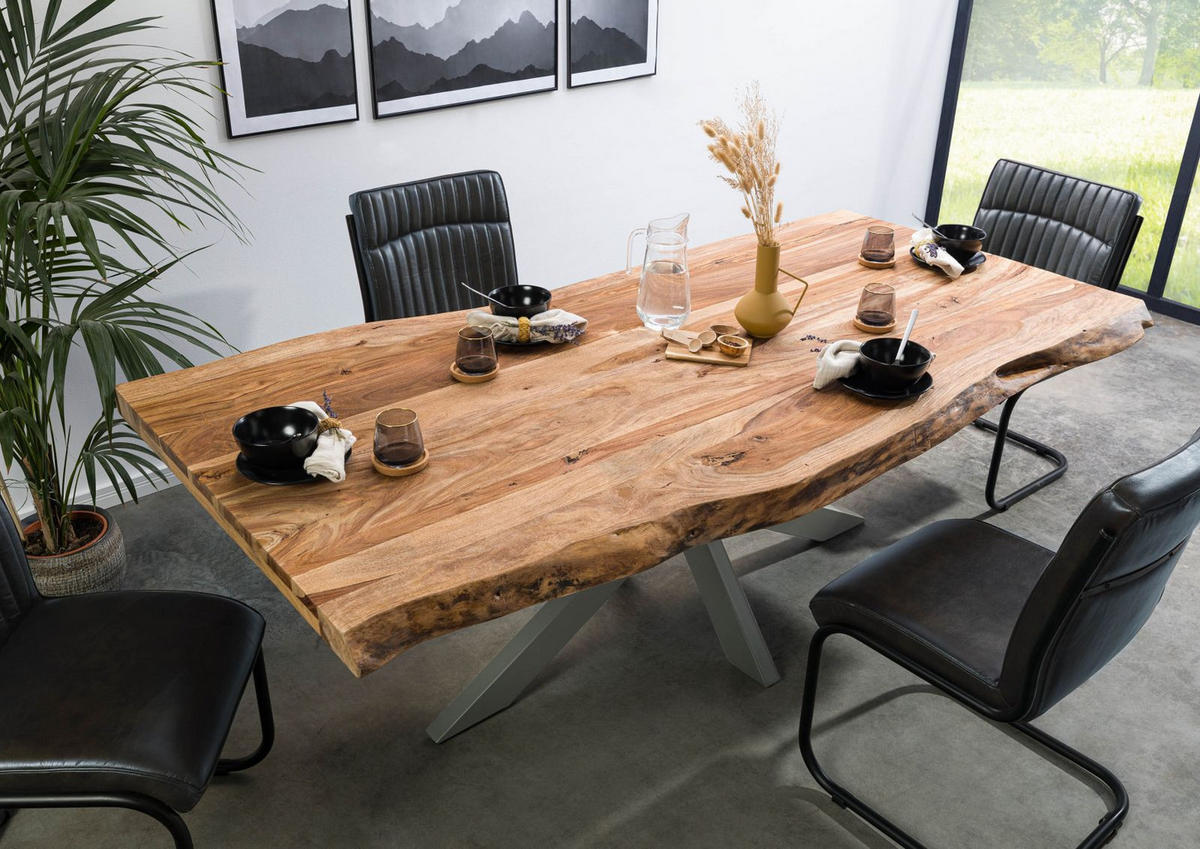 BAUMTISCH Sheesham 180x90x77 natur sandgestrahlt / Kreuzgestell silber matt FREEFORM 5 - Naturfarben, Holz (180/90/77cm) - Massivmoebel24
