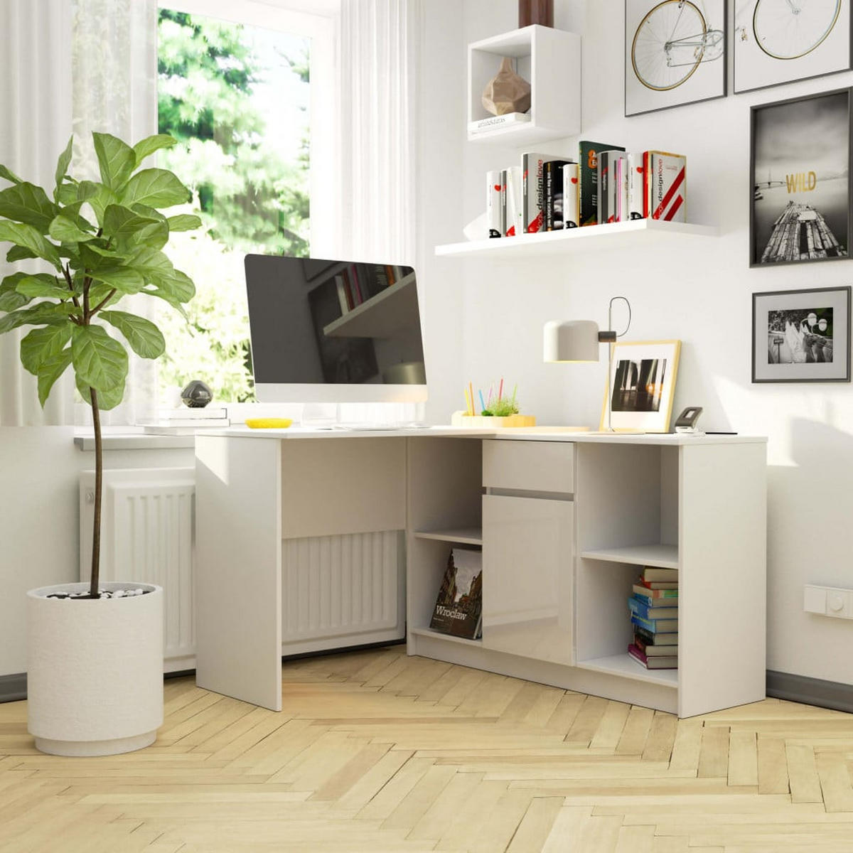 SCHREIBTISCH Weiß, Weiß Glanz 79/120/126 - Weiß Hochglanz/Weiß, Holzwerkstoff (126/120/79cm) - RAUMHIRSCH FURNITURE