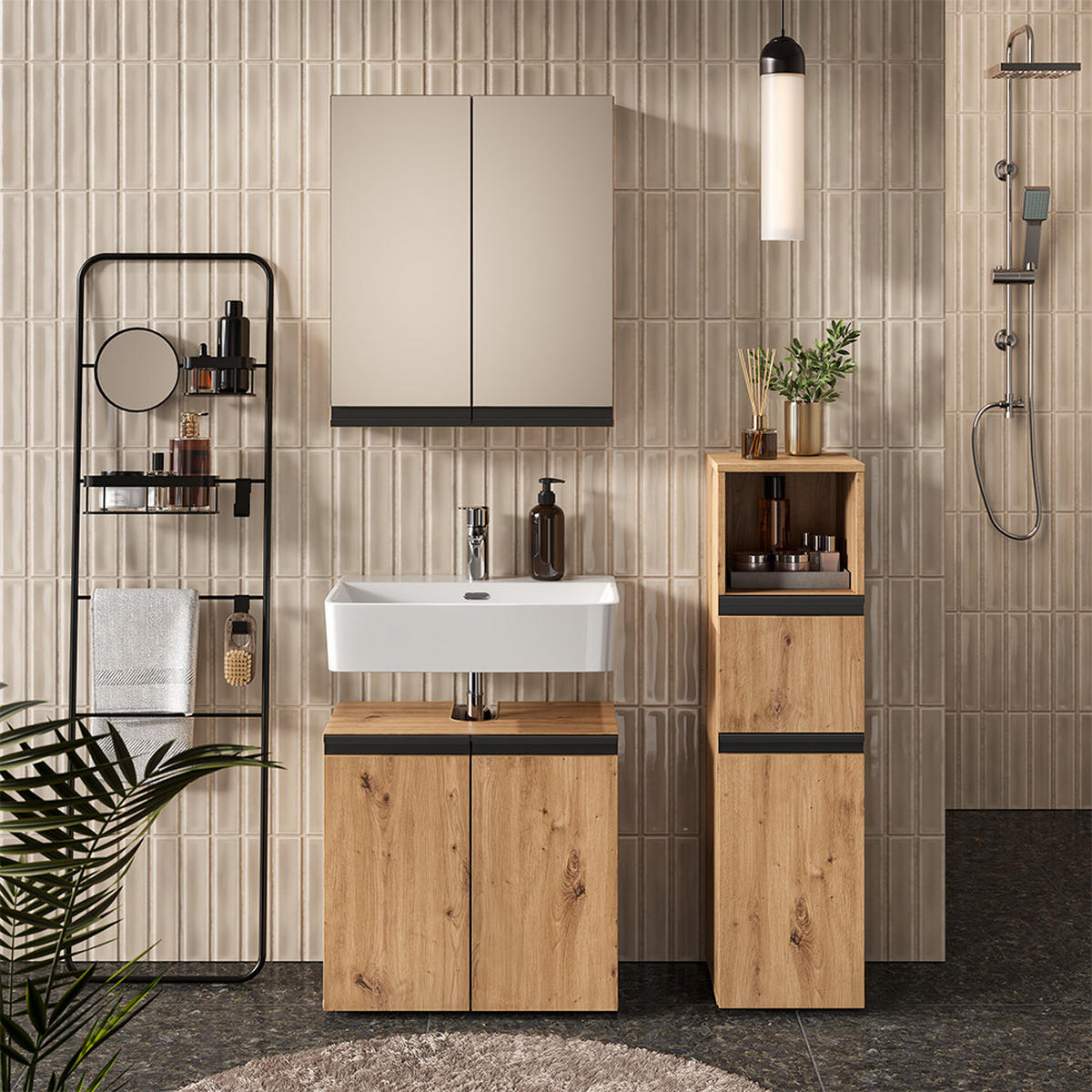 BADMÖBEL-SET Torren Artisan 3 Teile, mit Midischrank - Hellgrau, Holzwerkstoff (60/58/35cm) - Vicco