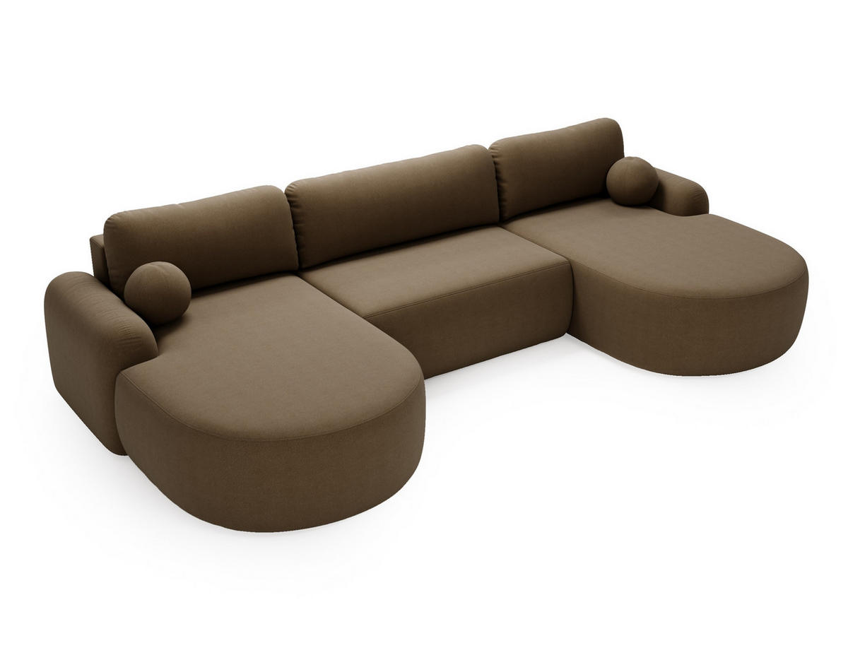 WOHNLANDSCHAFT Cloudy Braun, mit abgerundeten Seiten und Kissen - Braun, Holzwerkstoff (377/92/177cm) - Bettso