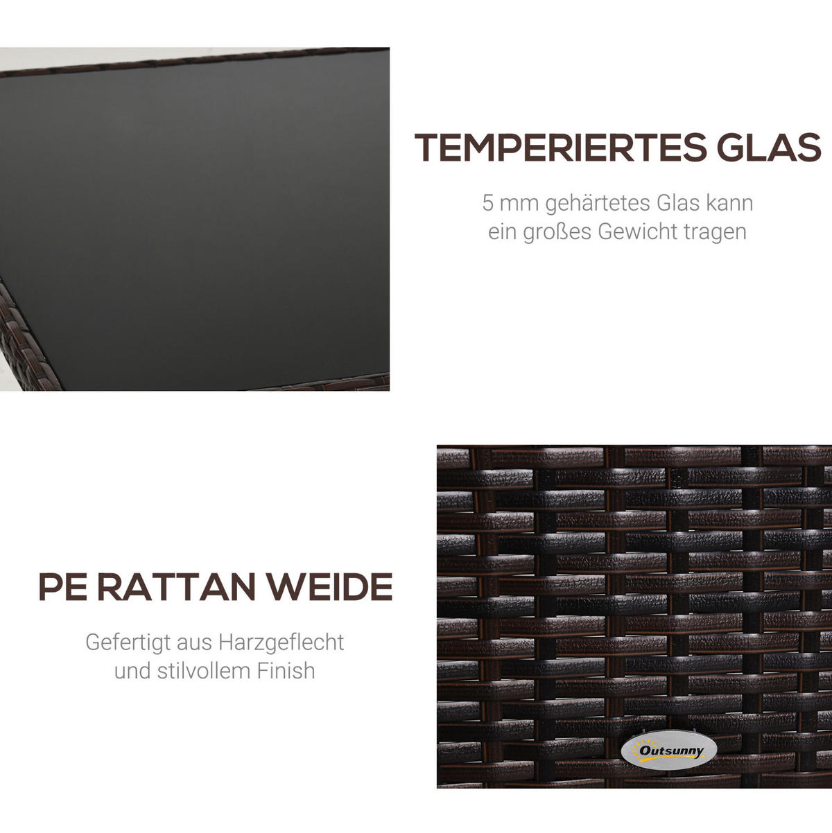 GARTENTISCH aus Polyrattan 150x85x74 cm Braun mit Sicherheitsglas - Braun, Metall (150/85/74cm) - Modfu