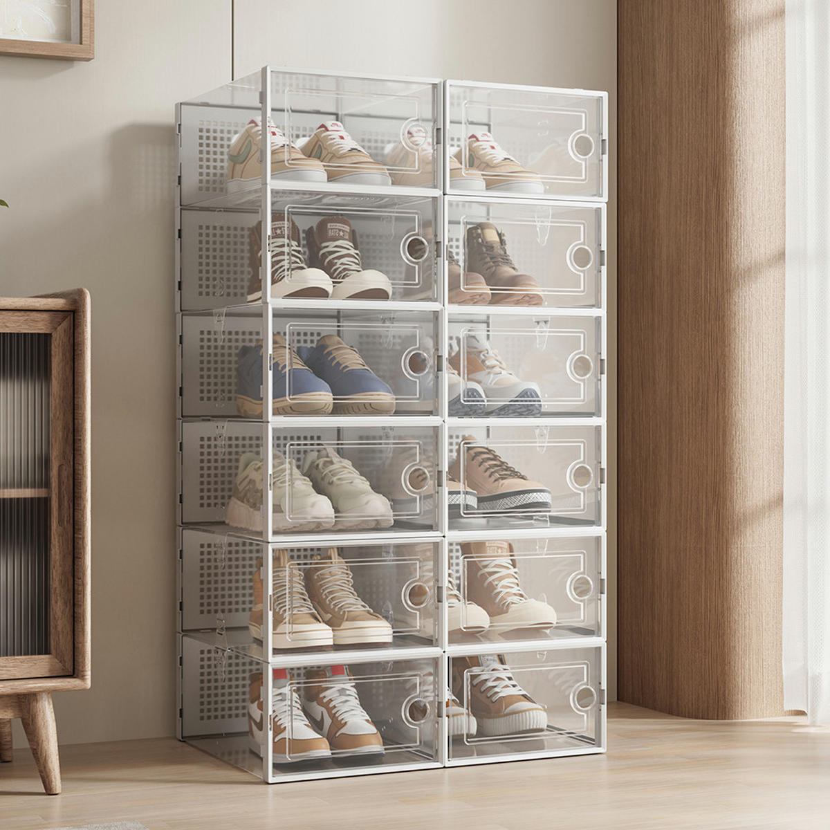 SCHUHBOXEN 12er-set 33x23x14cm aus Kunststoff in Weiß - Einfacher doppelrahmen klappbarer mehrschichtiger Aufbewahrungsständer - Weiß, Kunststoff (23/14/33cm) - Livingandhome