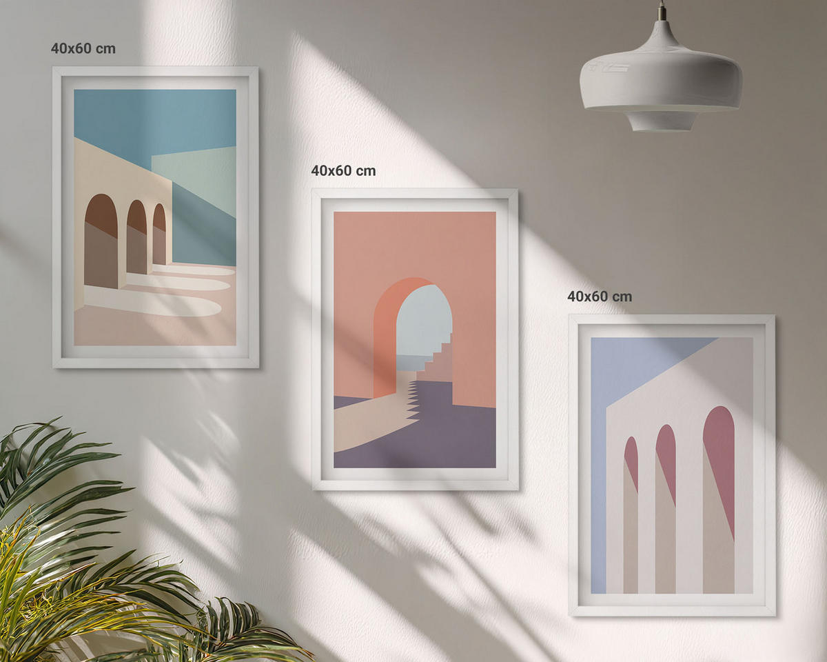 WANDBILDER 3er-Set - 40x60 cm Weißer Rahmen - Architekturgrafiken in Pastellfarben - Weiß, Kunststoff (40/60cm) - ArtPrintCave