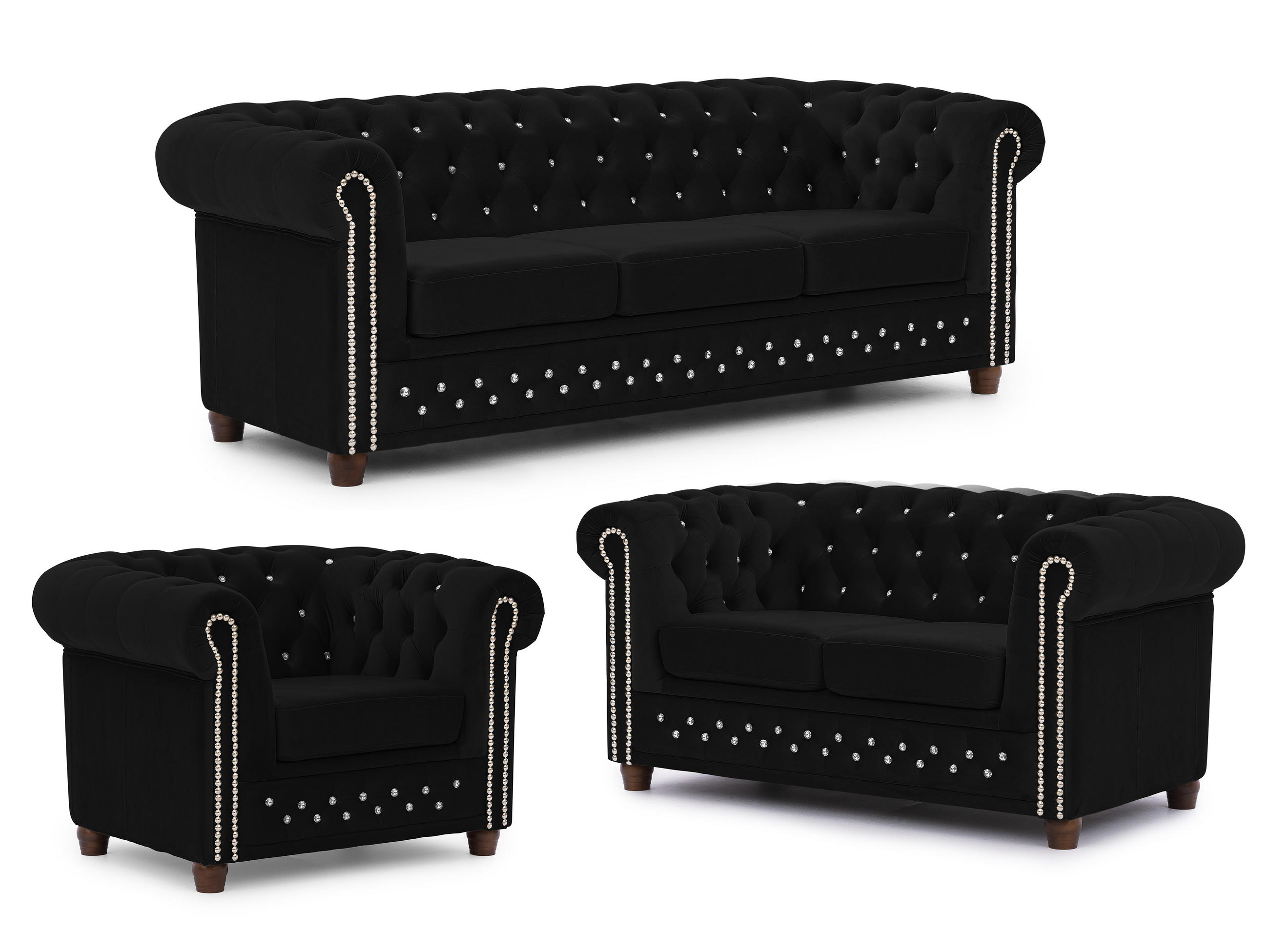 SITZGARNITUR 3+2+1 Chesterfield Cleo Blink Schwarz Samt mit Kristallsteppung und braunen Massivholzfüßen - Schwarz/Braun, Holz/Textil (203/72/86cm) - S-Style Möbel