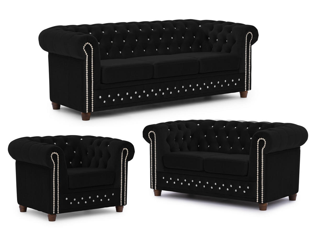 SITZGARNITUR 3+2+1 Chesterfield Cleo Blink Schwarz Samt mit Kristallsteppung und braunen Massivholzfüßen - Schwarz/Braun, Holz/Textil (203/72/86cm) - S-Style Möbel