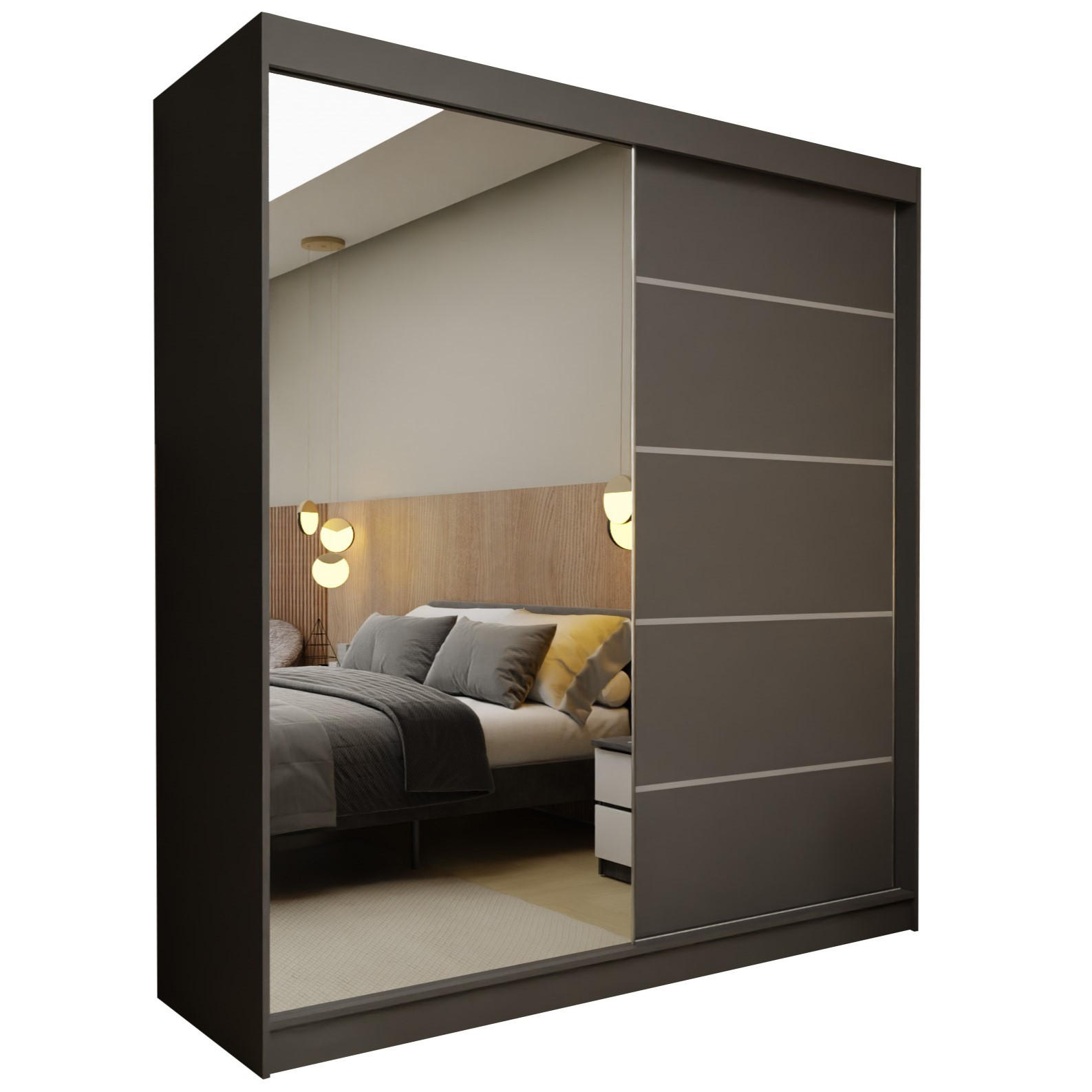 SCHWEBETÜRENSCHRANK MIRELLA 200/216/61 cm 2-türig mit Spiegel Grau - Grau, Holzwerkstoff (200/216/61cm) - MASSENO