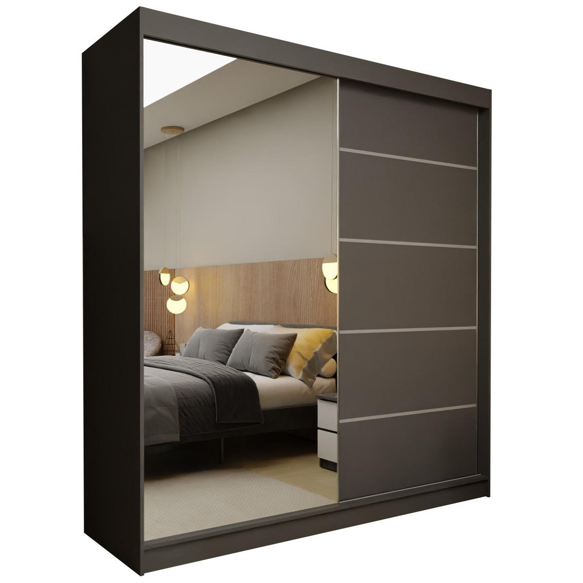 SCHWEBETÜRENSCHRANK MIRELLA 200/216/61 cm 2-türig mit Spiegel Grau - Grau, Holzwerkstoff (200/216/61cm) - MASSENO