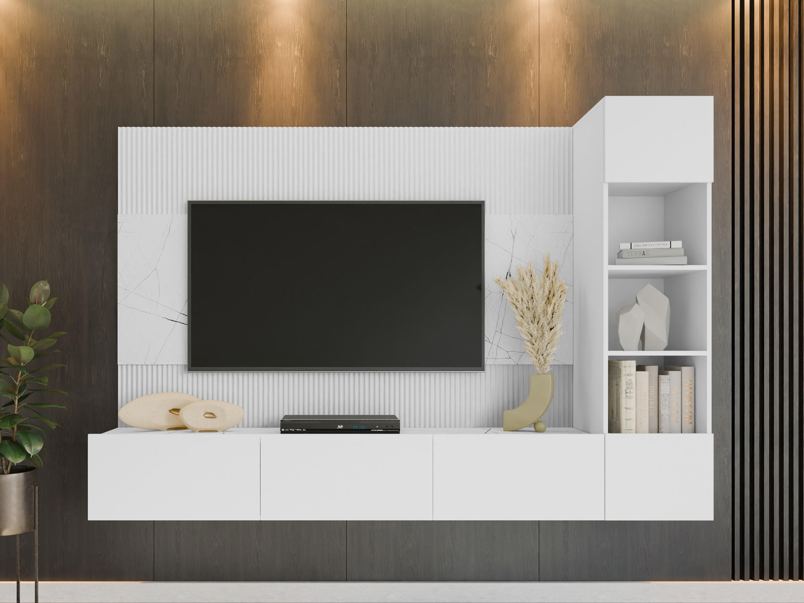 Thumbnail - Mirjan24 Wohnwand, Weiß, Holzwerkstoff, Marmor Optik, 220x150x38 cm, Wohnzimmer, Wohnwände, Anbauwände