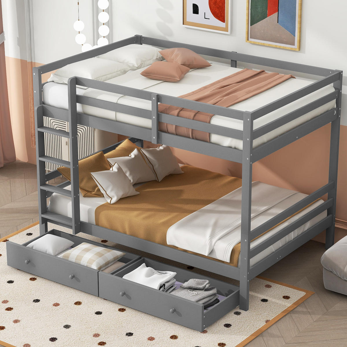 ETAGENBETT 140/200 cm Grau mit Schubladen, Stauraum und hohen Geländern - Grau, Holz (140/200cm) - Flora Grace