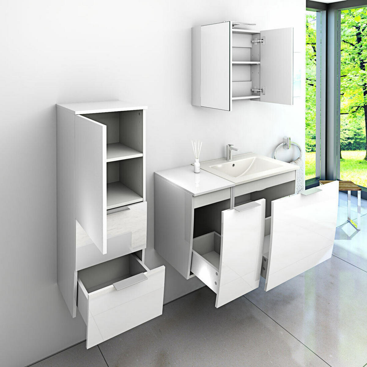 BADMÖBEL Set Gently 1 V2 L Weiß MDF Waschtisch 90cm mit 5W LED-Strahler / Energiebox - Weiß, Glas/Kunststoff (46/52/90cm) - AcquaVapore by Sandra Jentho