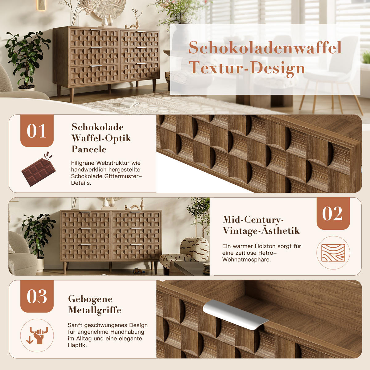 SIDEBOARD Eiche-Optik mit 6 Schubladen & Schokoladenwaffel-Design - Eichefarben, Holzwerkstoff (120/77/37cm) - Urban Meuble
