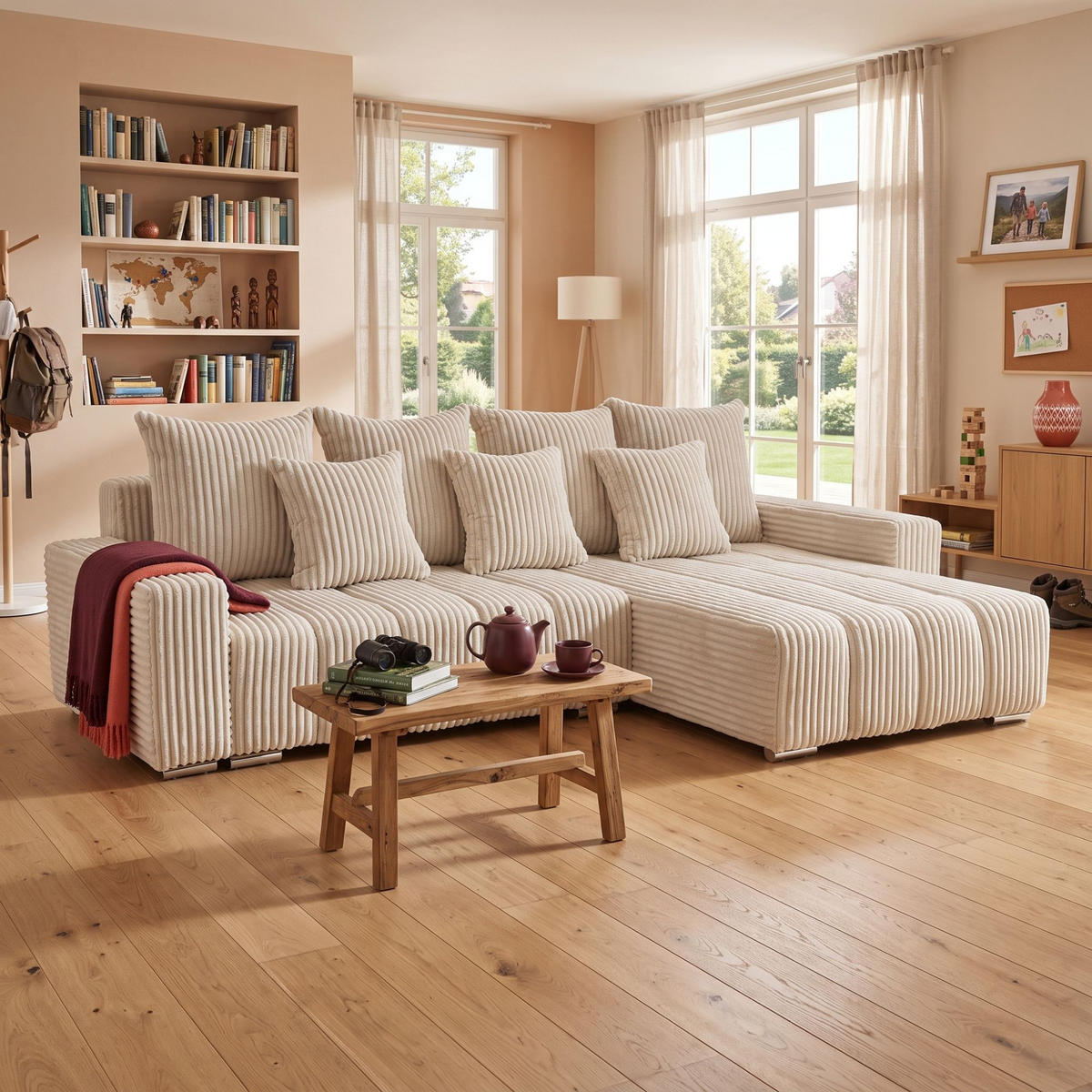 ECKSOFA PIANO L Rechts mit Schlaffunktion 137x234 Cord Creme - Silberfarben/Creme, Holz/Textil (178/278cm) - Muffo