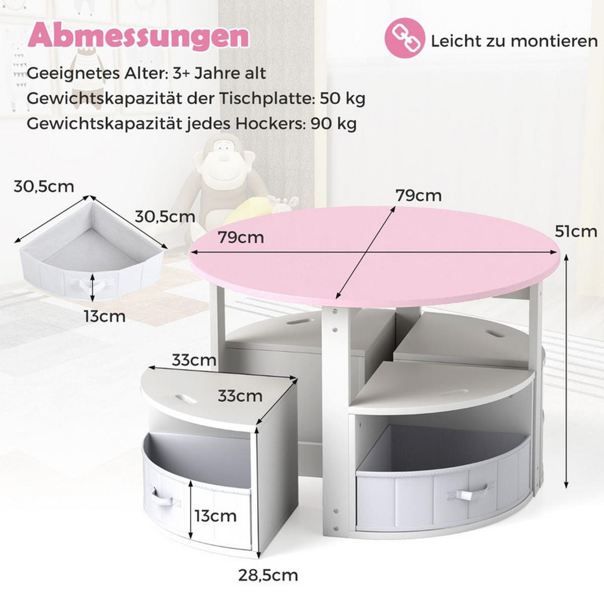 KINDERTISCHE mit Stühlen rosa(5-tlg) - Pink, Holzwerkstoff (79/51/79cm) - COSTWAY