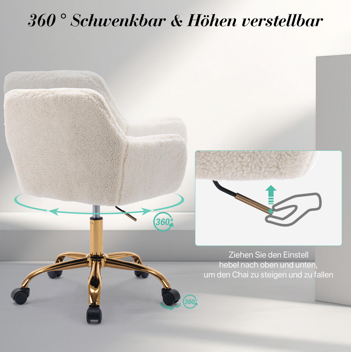SCHREIBTISCHSTUHL in Weiß 53x53x55 cm mit Kunstpelzbezug, höhenverstellbar und drehbar - Weiß, Kunststoff (53/55/53cm) - IVMEU