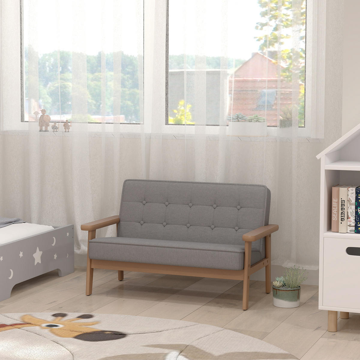 KINDERSESSEL, Kindersofa mit Holzrahmen, Samtoptik, gepolsterter Kinderstuhl - Naturfarben/Grau, Holz/Textil (42/48/77cm) - AIYAPLAY