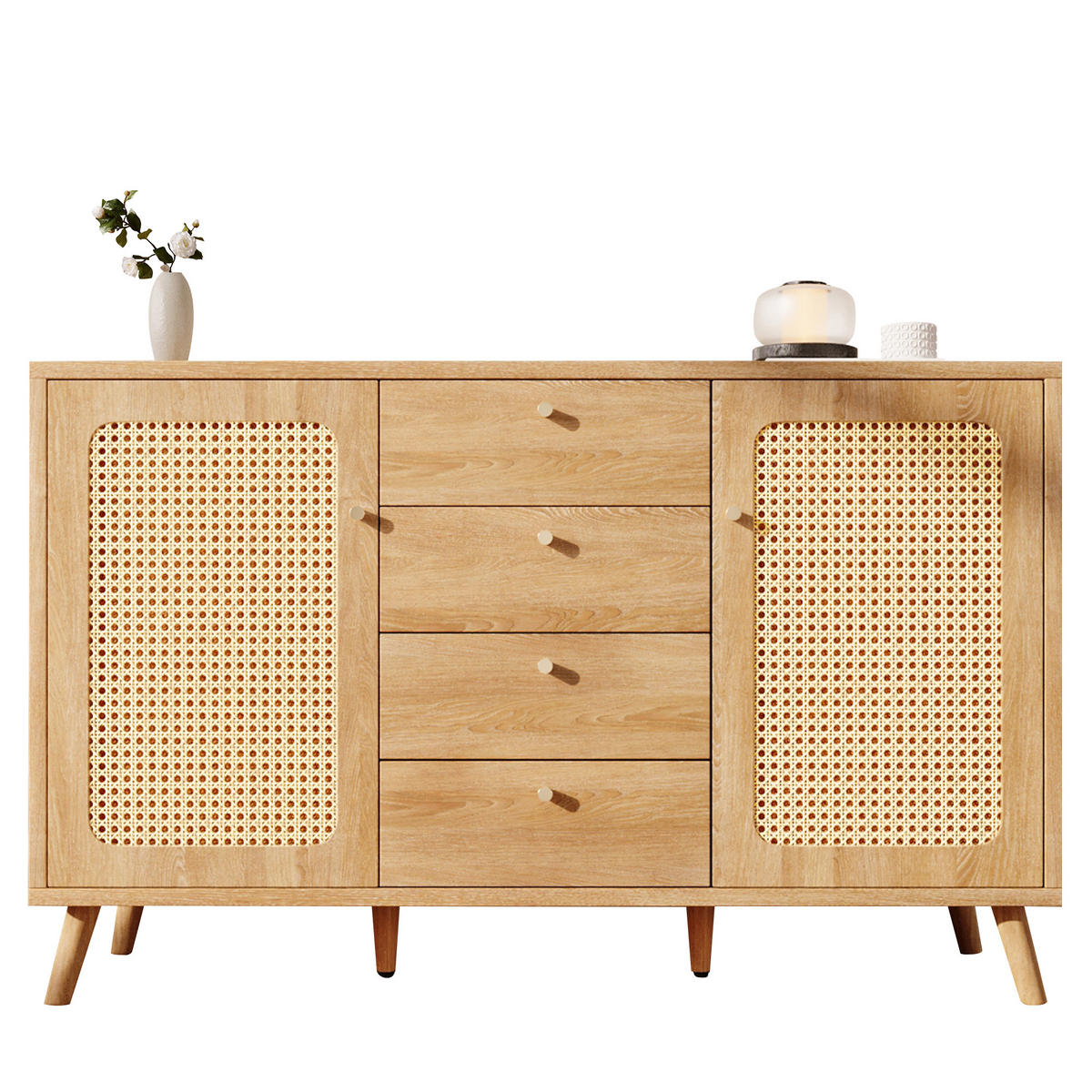 SIDEBOARD 140 cm in Rattan-Optik mit 4 Schubladen - Sonoma Eiche, Holzwerkstoff (140/86/40cm) - Urban Meuble