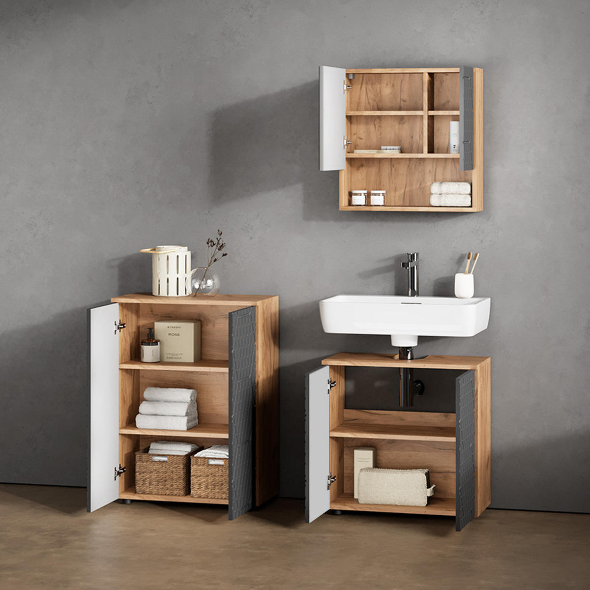 BADMÖBEL-SET Ronco Anthrazit gestreift 3 Teile, mit Unterschrank 60 cm - Honigeiche/Anthrazit, Holzwerkstoff (60/59/30cm) - Livinity®