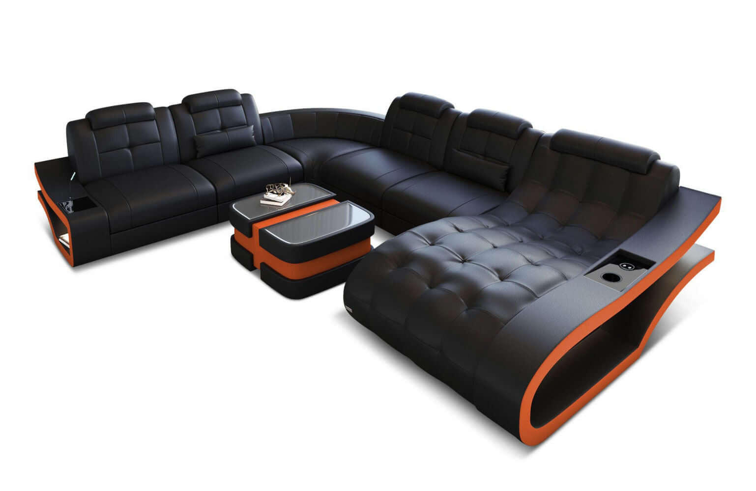 WOHNLANDSCHAFT Elegante Schwarz Orange Büffelleder - Schwarz, Leder (379/91/283cm)