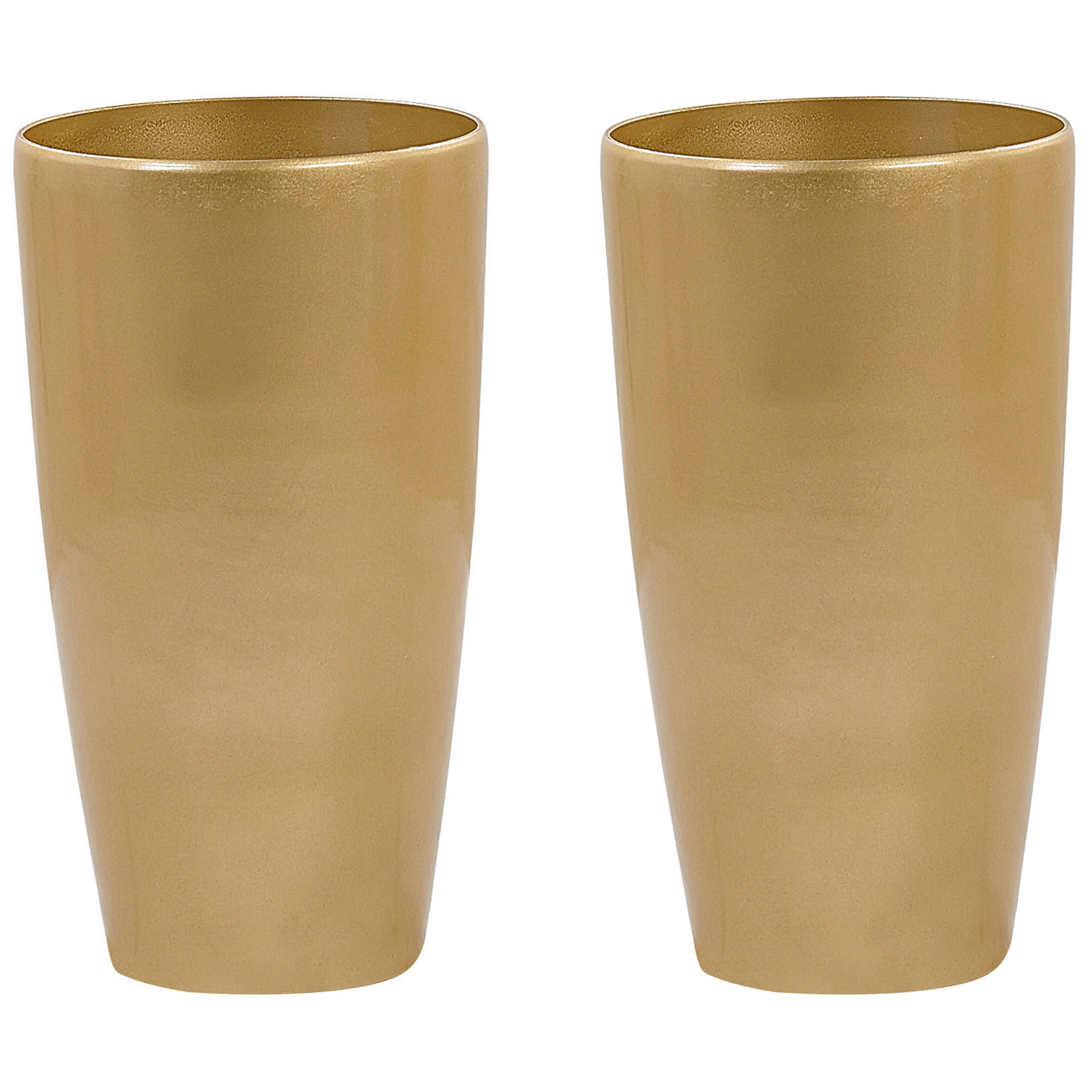 BLUMENTOPF 2er-Set gold rund 32/32/58 cm Tseria - Goldfarben, Stein (58cm) - Beliani