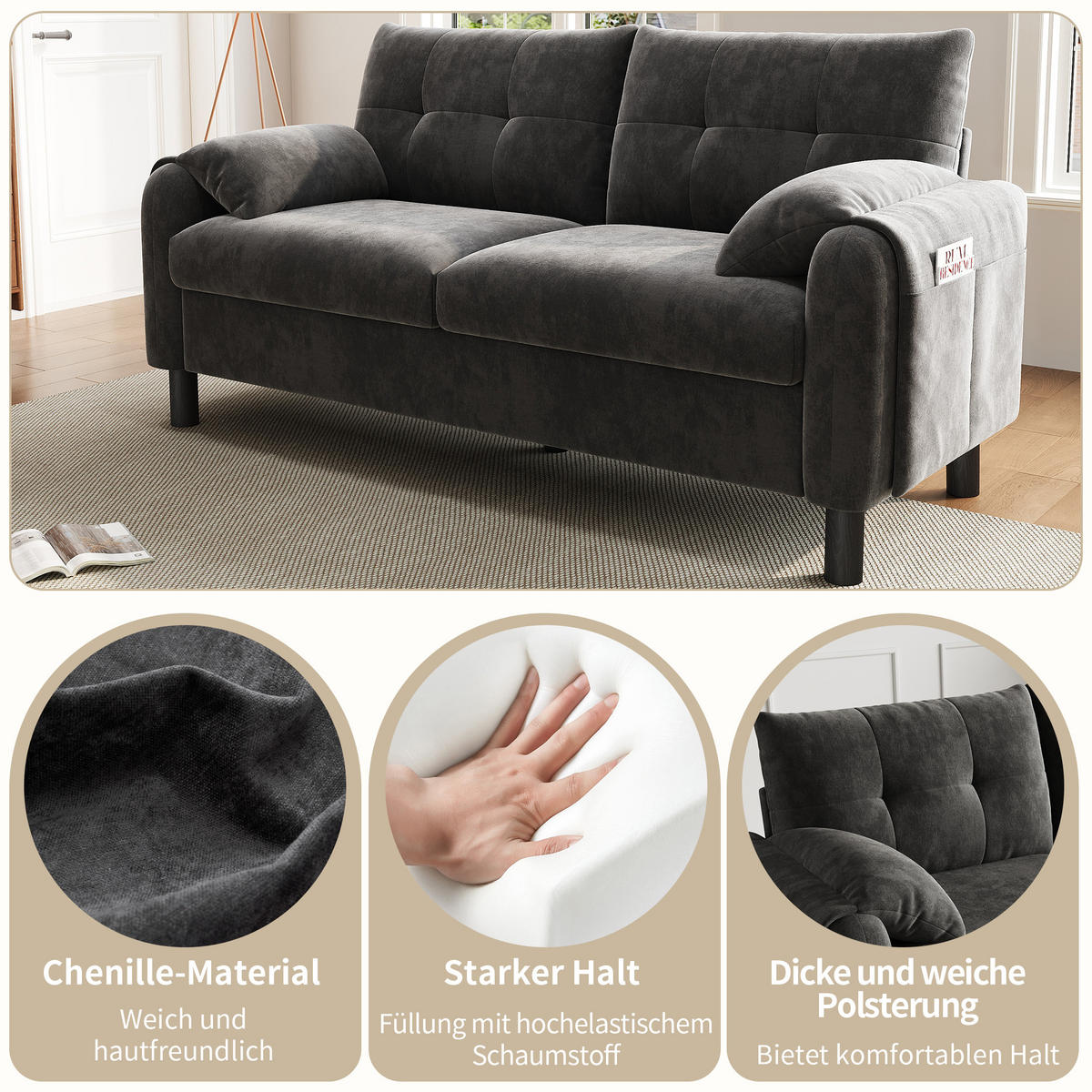 2-SITZER Sofa Chenille mit Seitentaschen und 2 Kissen 158/80/88,5 cm Grau - Grau, Textil (80/88.5/158cm) - Redom