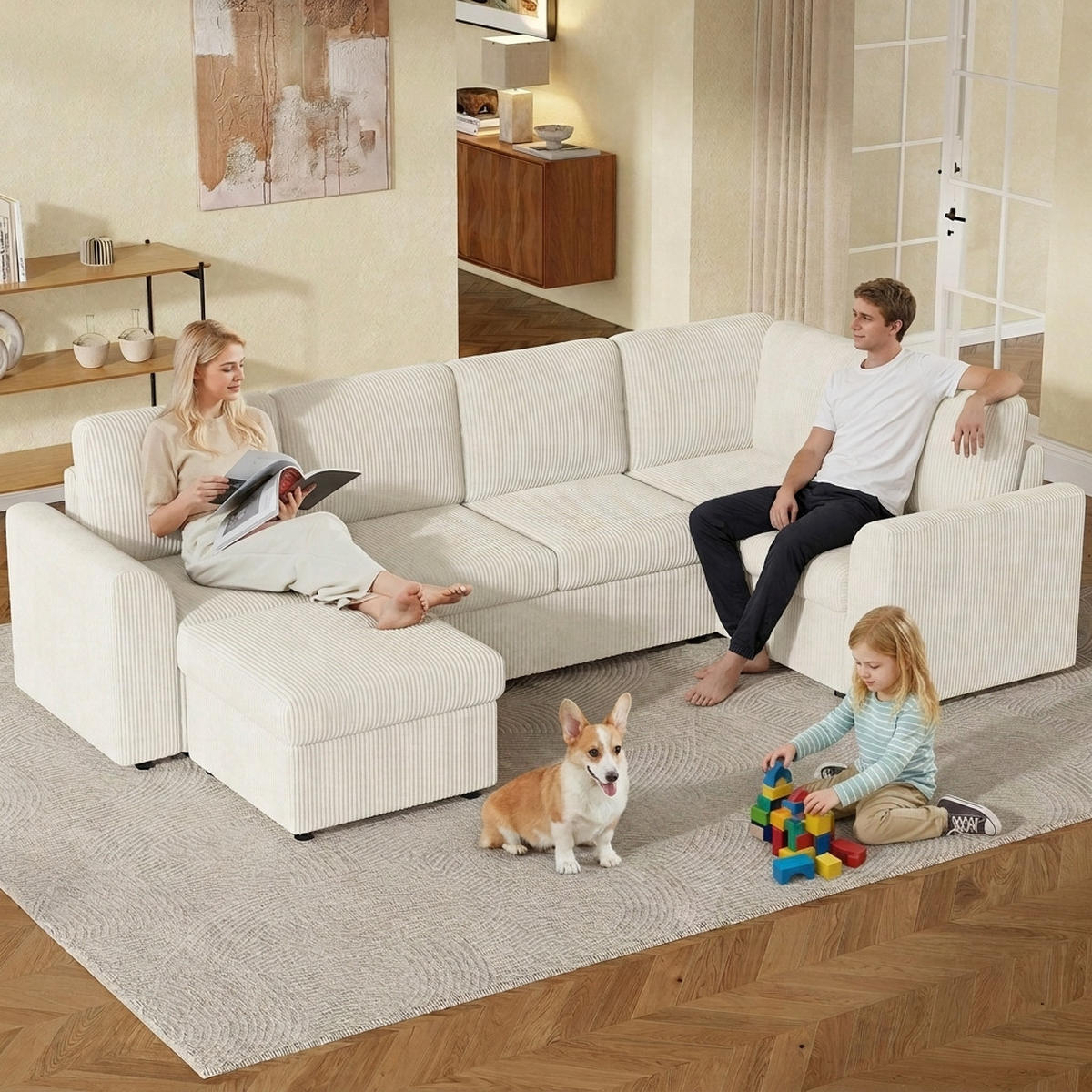 SOFA Beige L-Form Cord Ecksofa Hocker Schaumstoff 282cm - Beige, Textil (40/82/160cm) - FLIEKS