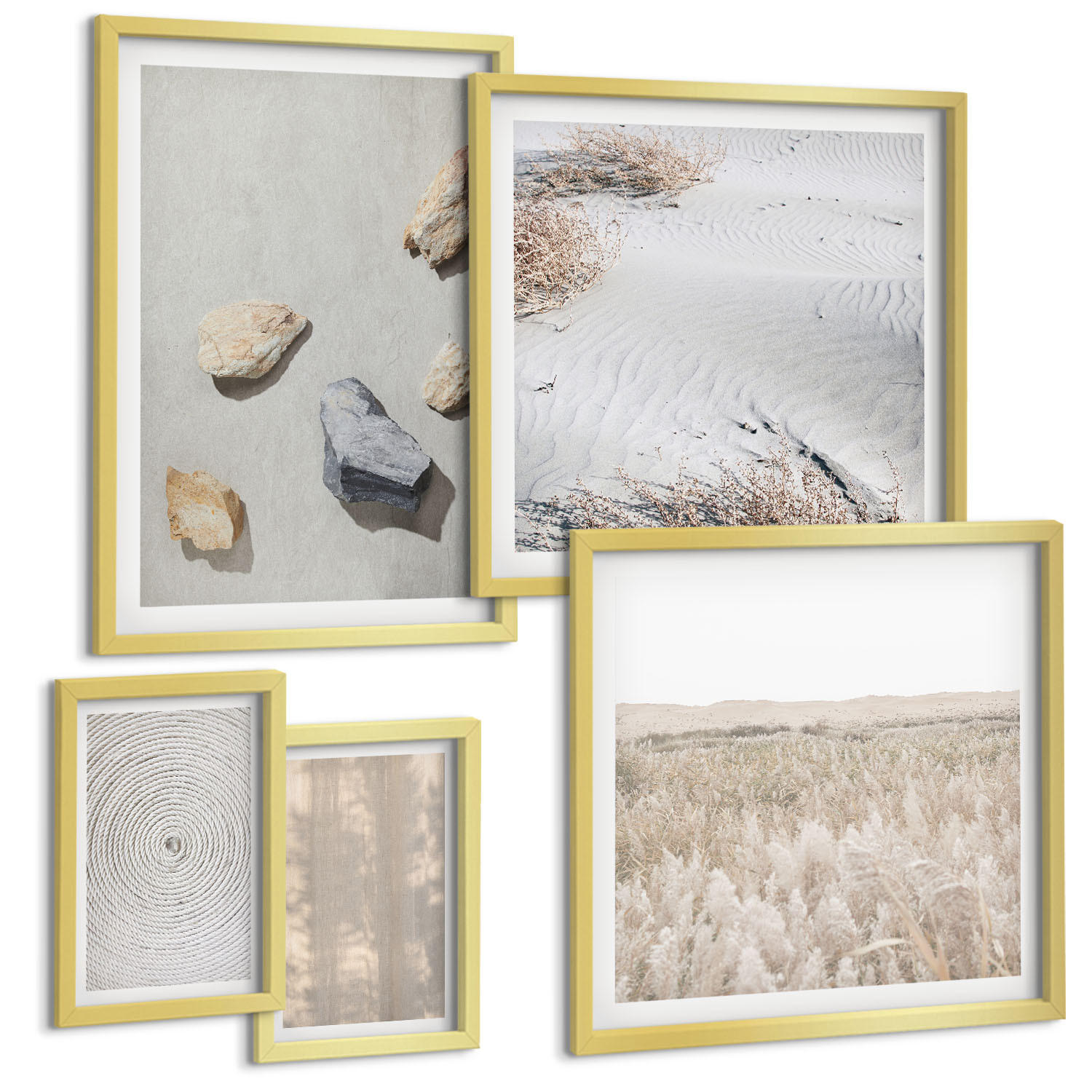 BILDER SET 5er Set - 50x50 cm & 20x30 cm & 40x60 cm Goldrahmen - Boho-Naturtexturen - Goldfarben, Kunststoff (40/60cm) - TULUP
